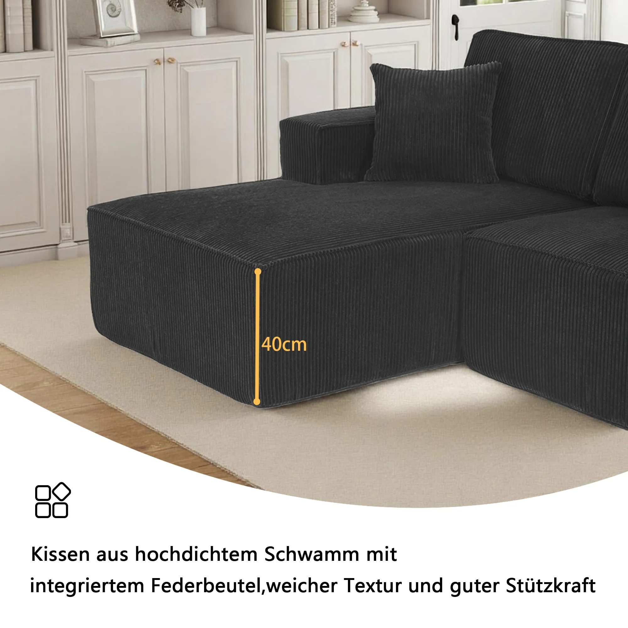 L-shaped Modular Corner Sofa 2-Seater Chaise Black Corduroy Fabric - Image 5