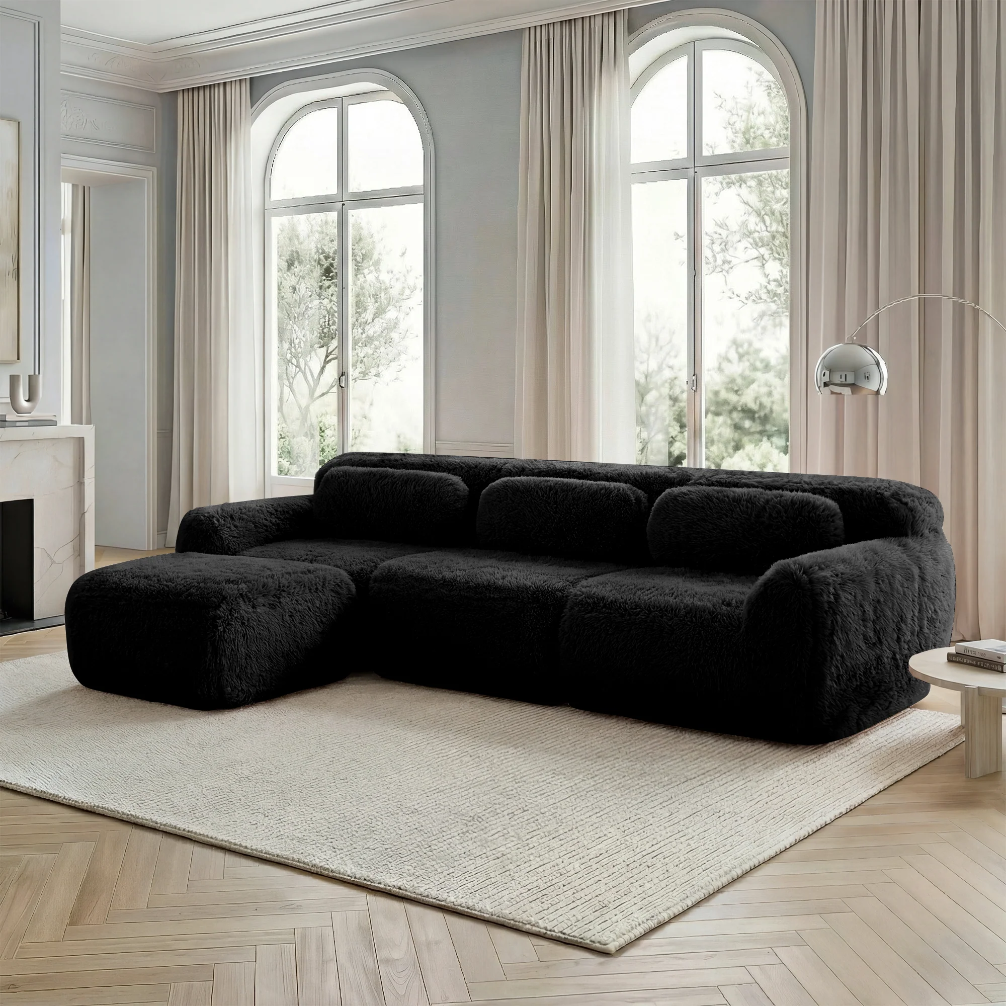 L-shaped Modular Sofa Frameless Deep Seating - Black Plush Fabric