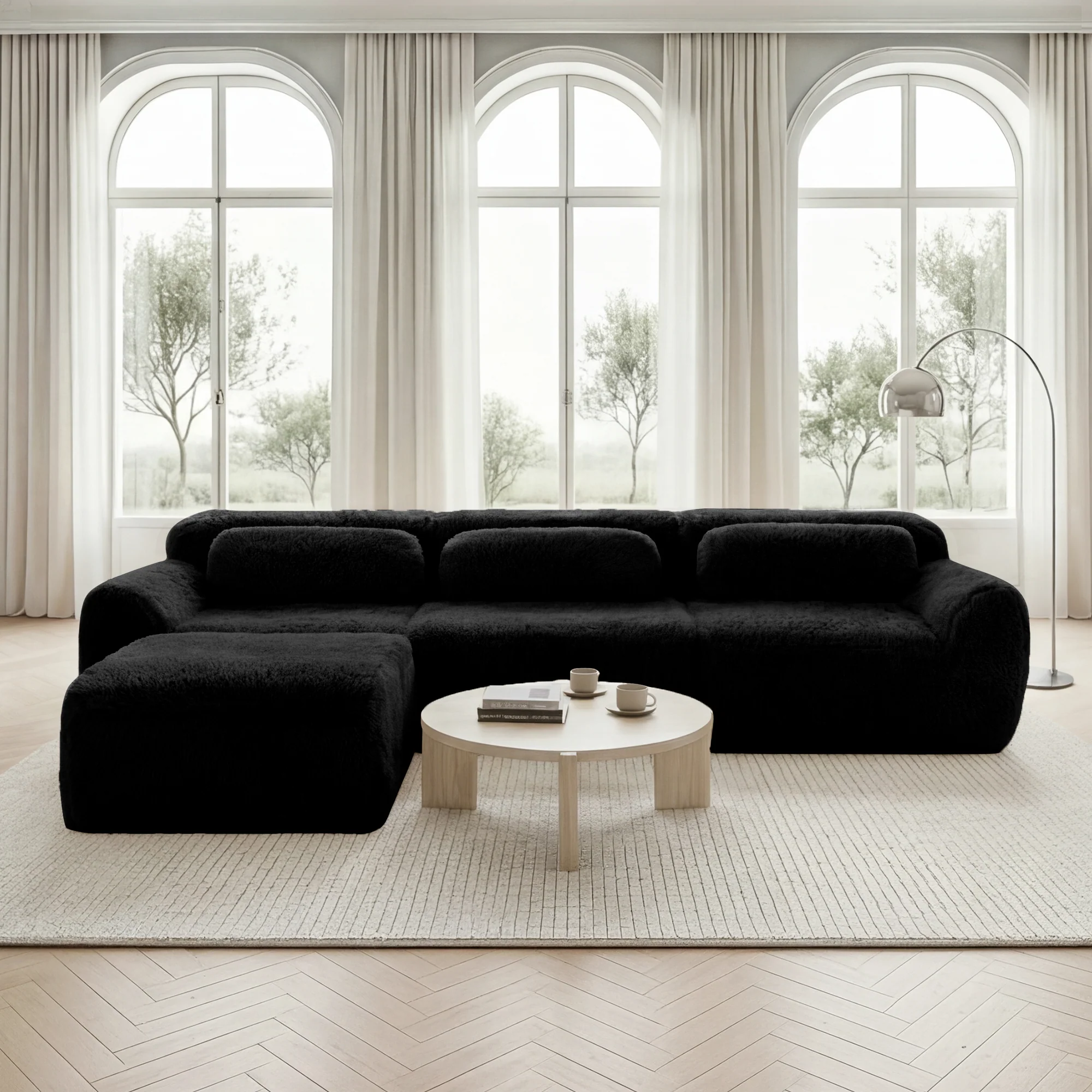 L-shaped Modular Sofa Frameless Deep Seating - Black Plush Fabric - Image 2