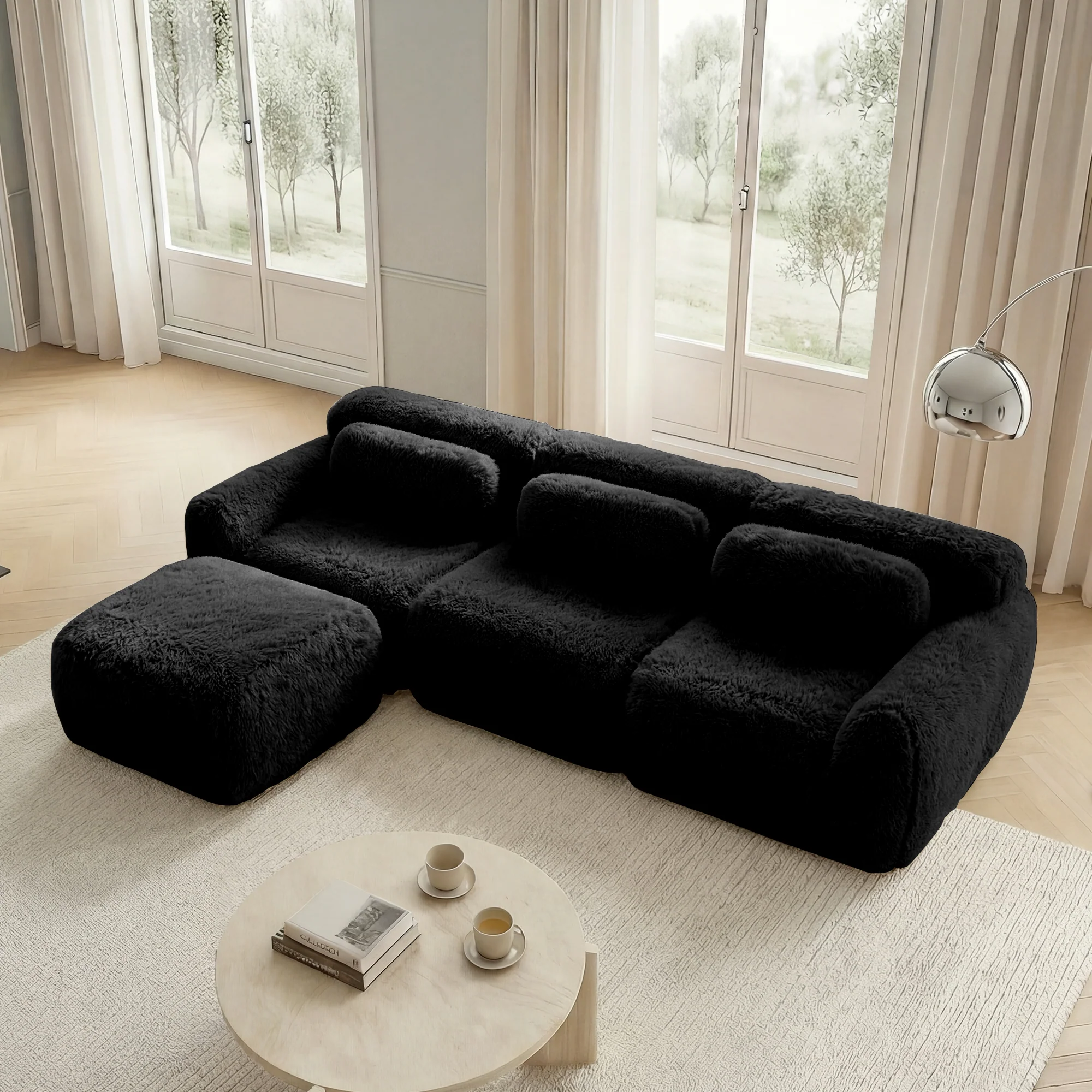 L-shaped Modular Sofa Frameless Deep Seating - Black Plush Fabric - Image 3
