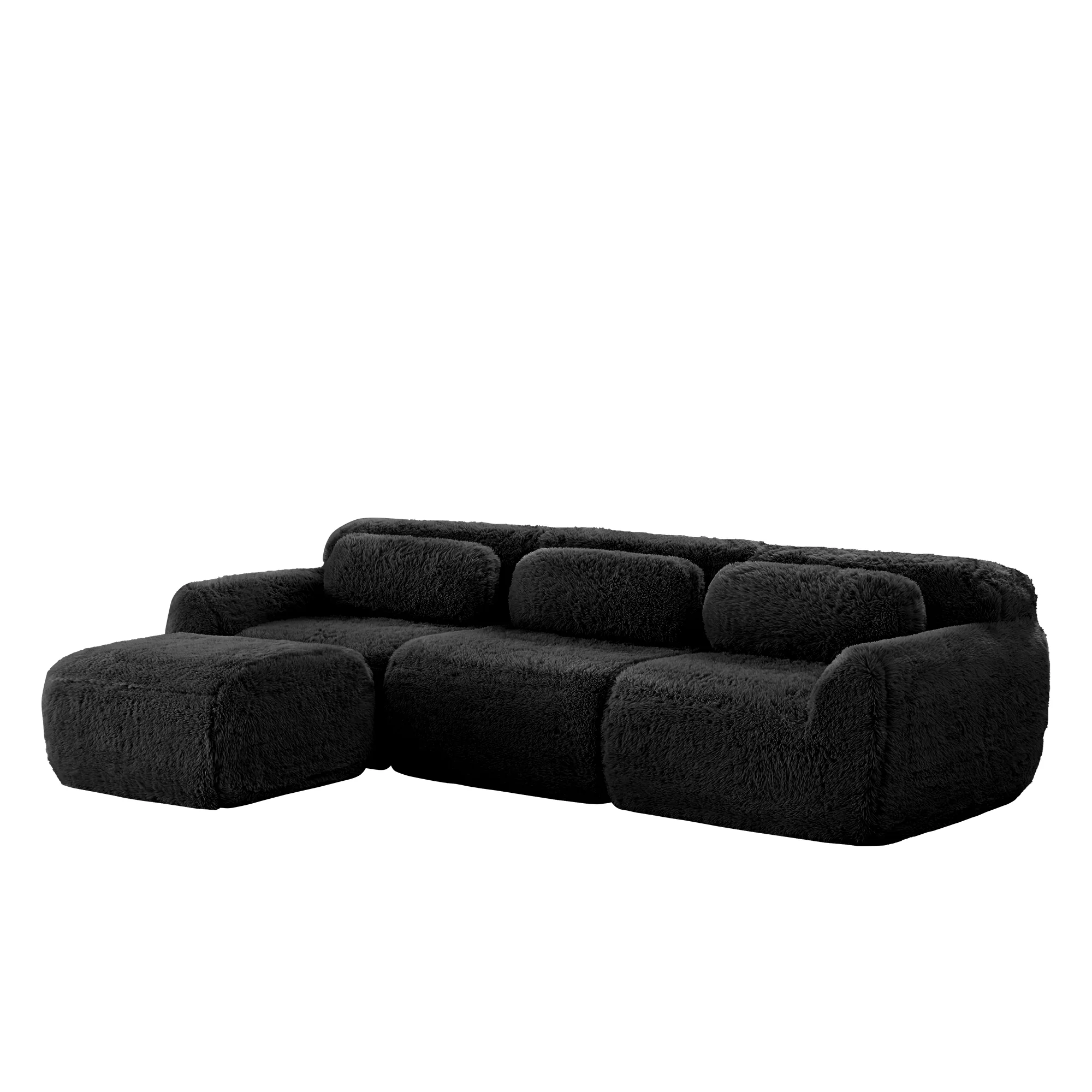 L-shaped Modular Sofa Frameless Deep Seating - Black Plush Fabric - Image 4