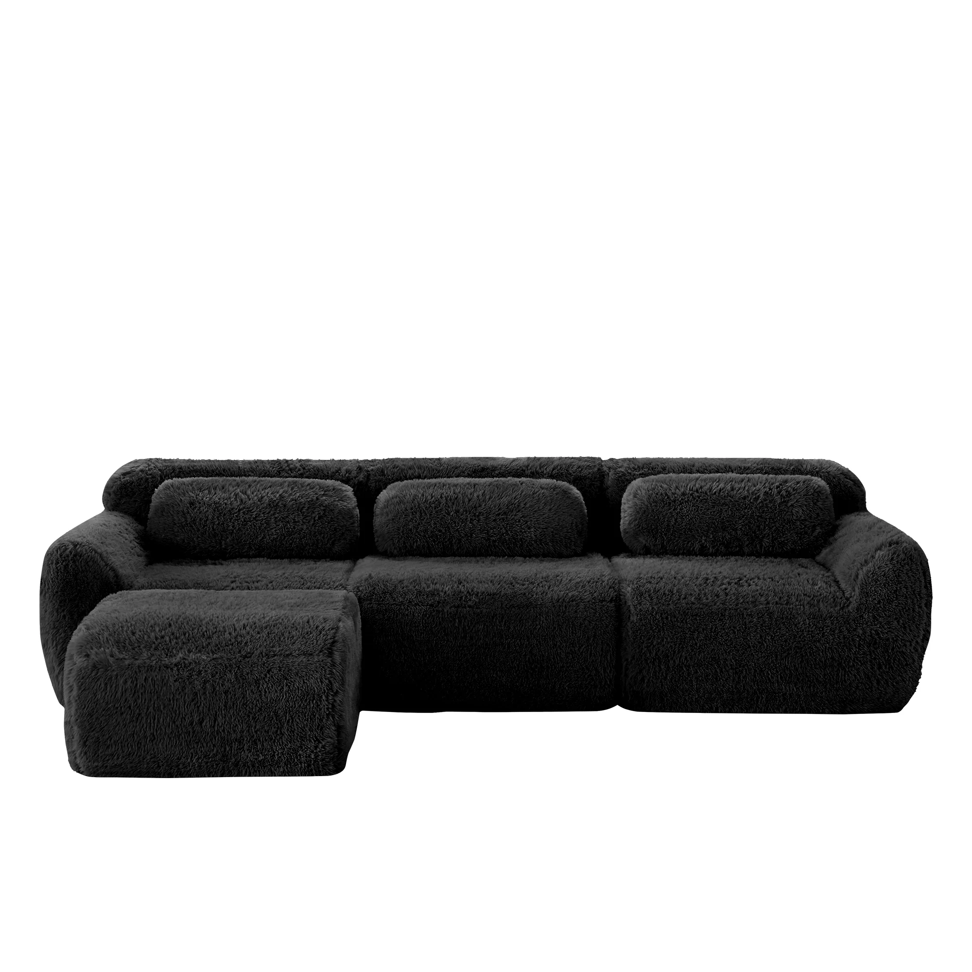 L-shaped Modular Sofa Frameless Deep Seating - Black Plush Fabric - Image 5