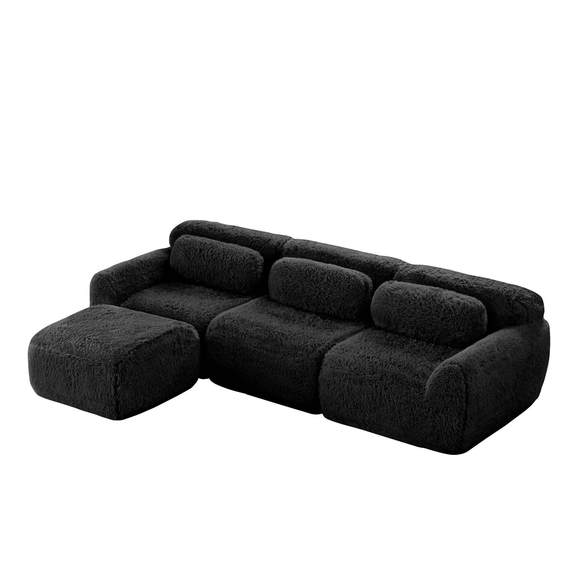 L-shaped Modular Sofa Frameless Deep Seating - Black Plush Fabric - Image 6