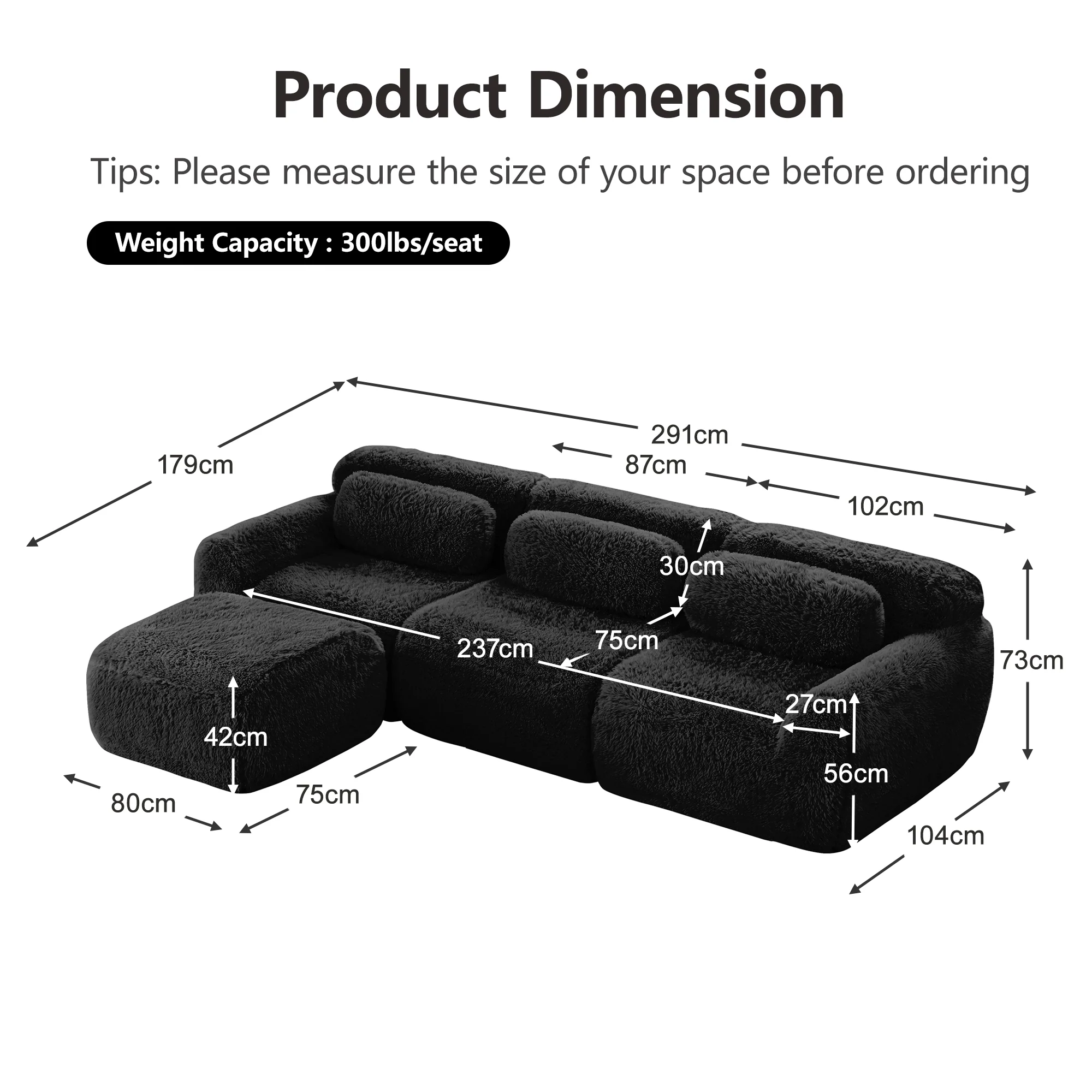 L-shaped Modular Sofa Frameless Deep Seating - Black Plush Fabric - Image 7