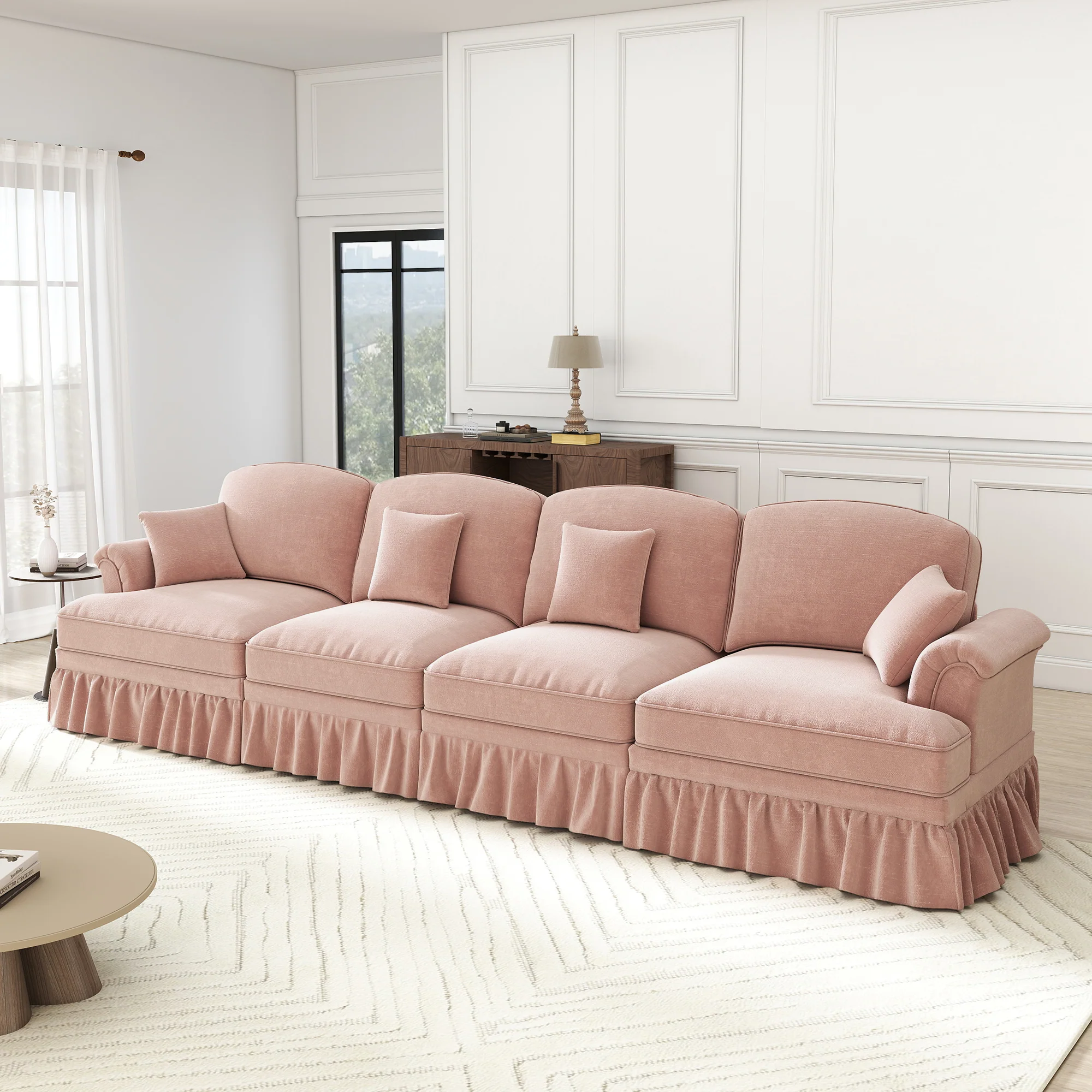 Large 4-Seater Sofa Mid-Century Style Spindle Legs Chenille Pink - Image 2
