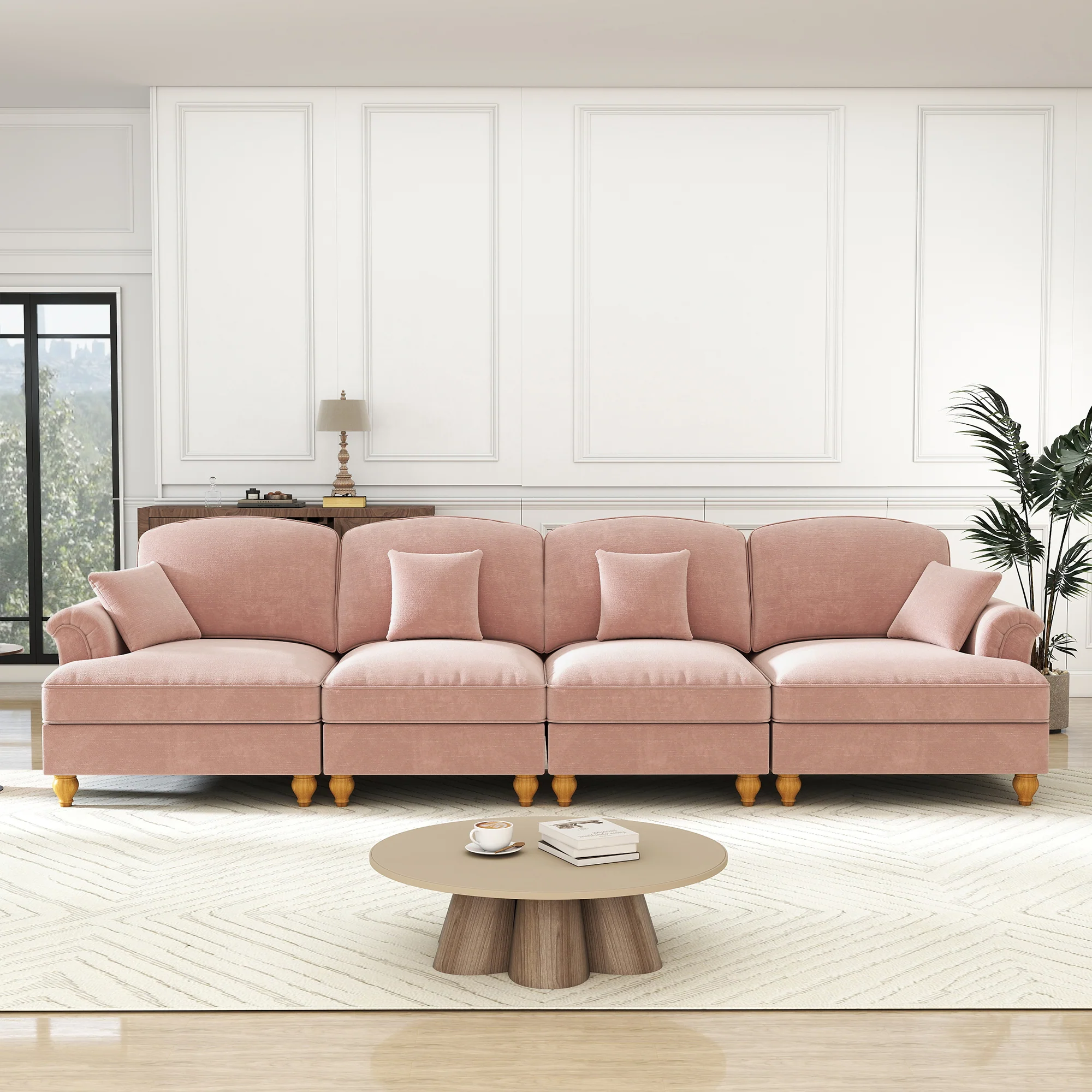 Large 4-Seater Sofa Mid-Century Style Spindle Legs Chenille Pink - Image 3