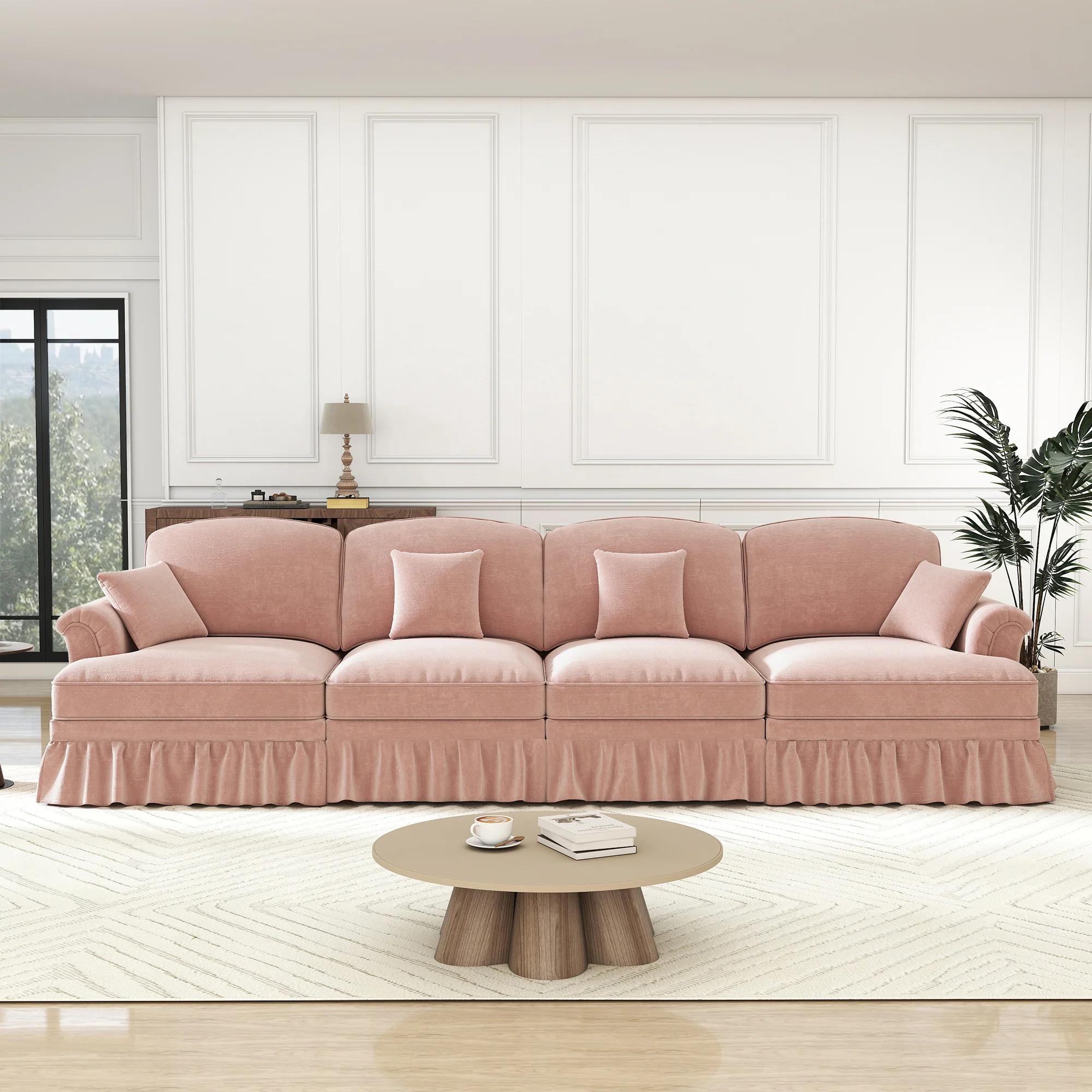 Large 4-Seater Sofa Mid-Century Style Spindle Legs Chenille Pink - Image 4