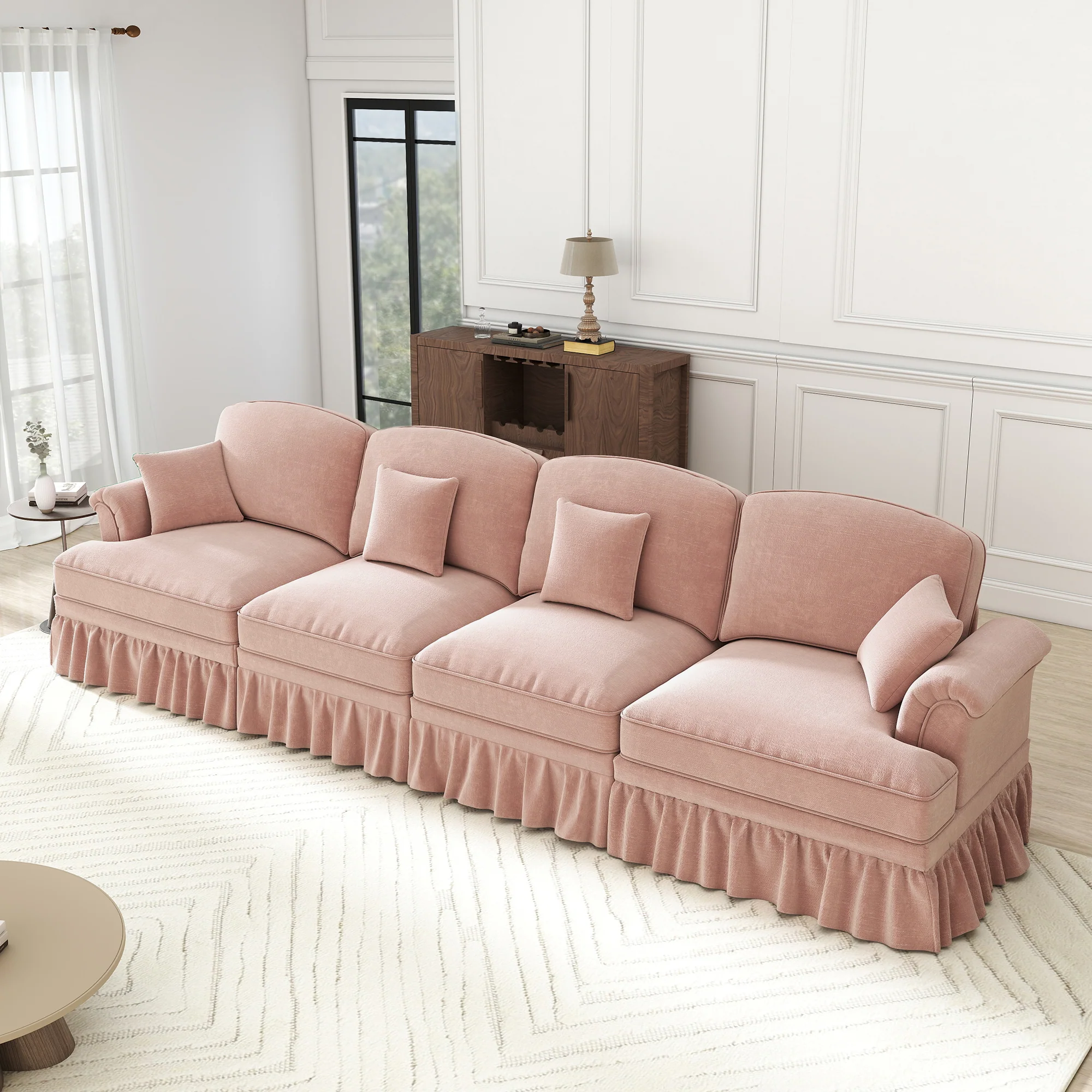 Large 4-Seater Sofa Mid-Century Style Spindle Legs Chenille Pink - Image 6
