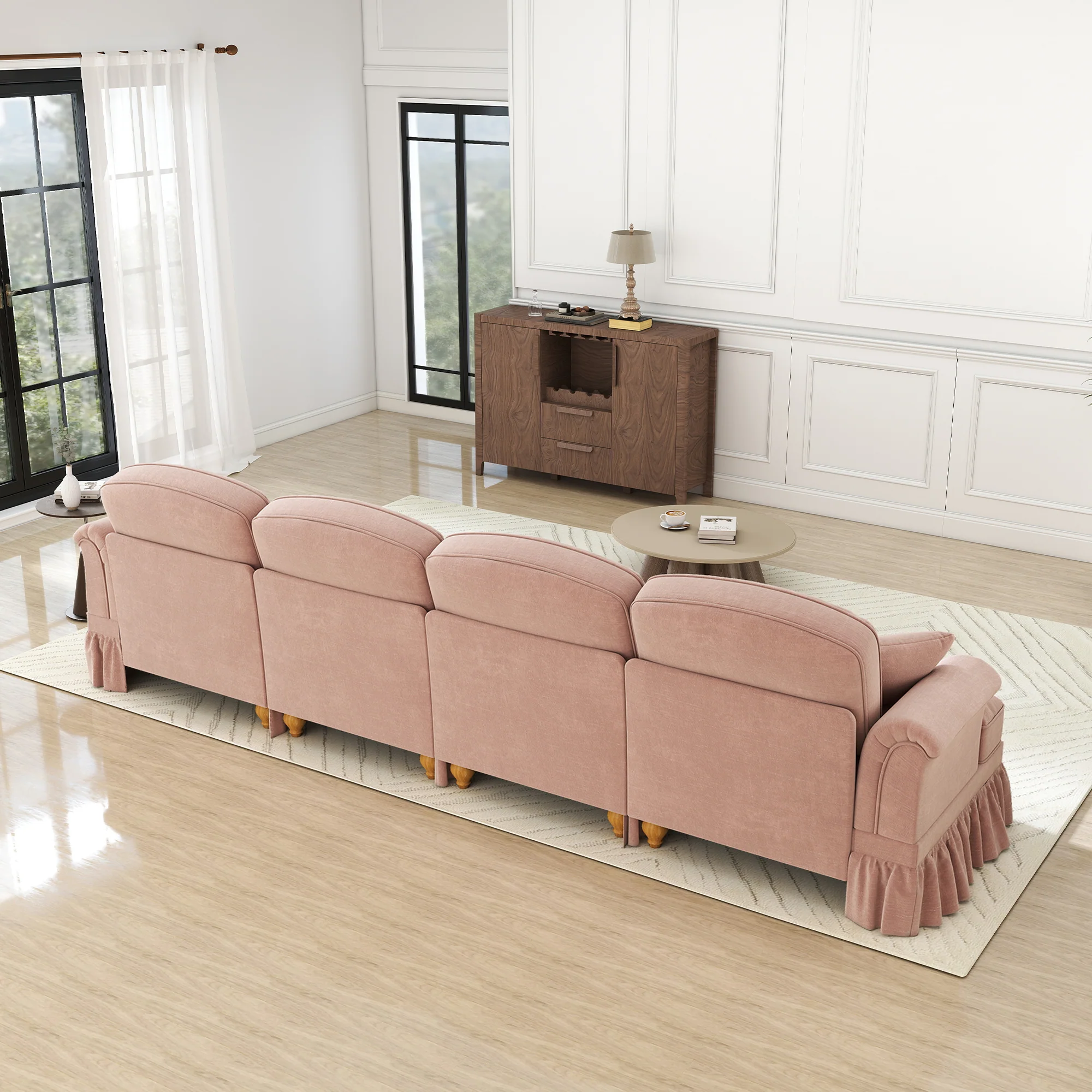 Large 4-Seater Sofa Mid-Century Style Spindle Legs Chenille Pink - Image 7