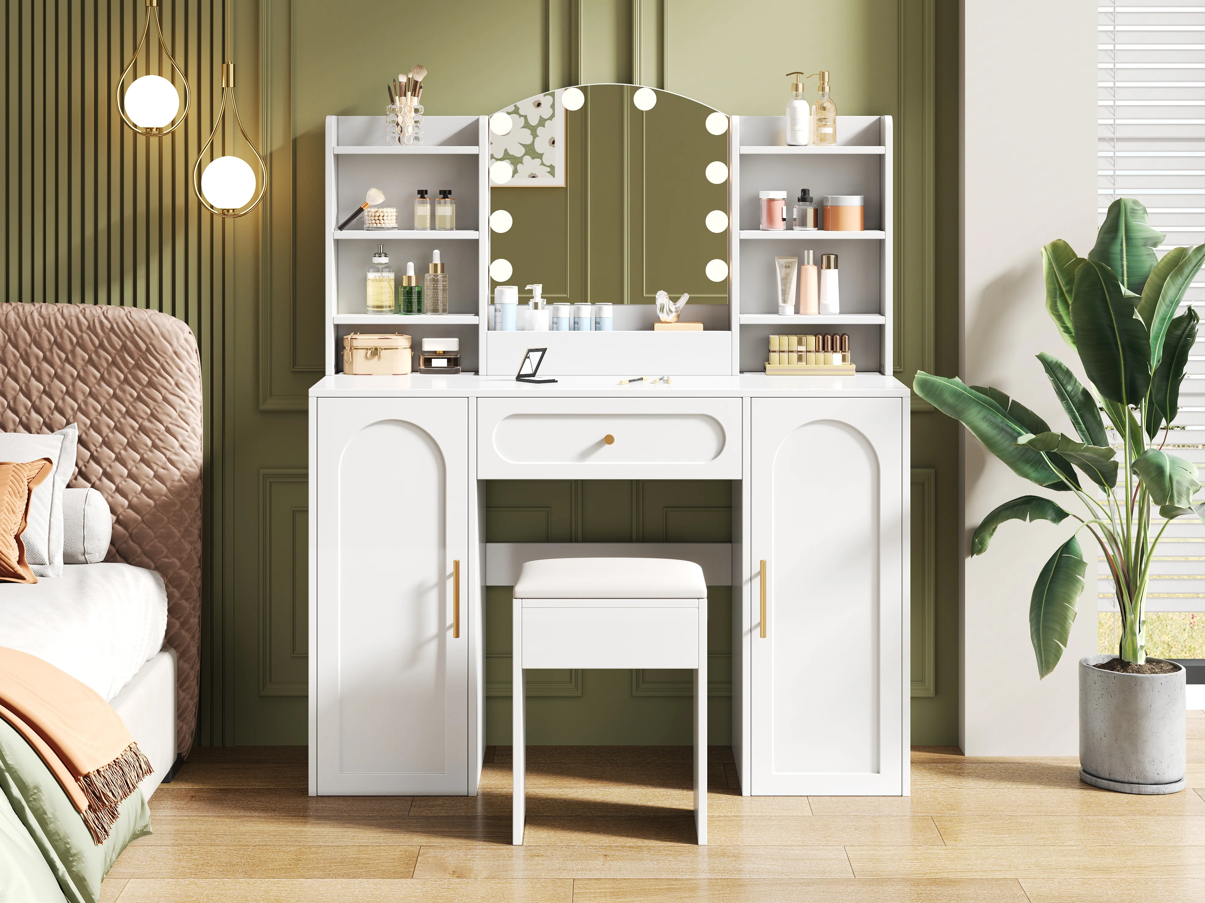 Large Vanity Table with LED Lighting, Mirror and Stool, White - Image 10