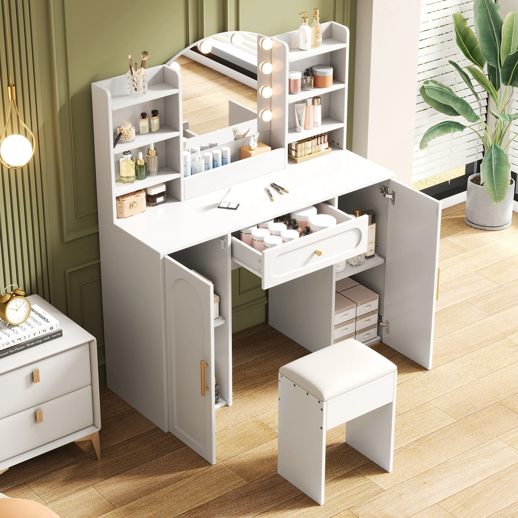 Large Vanity Table with LED Lighting, Mirror and Stool, White - Image 2