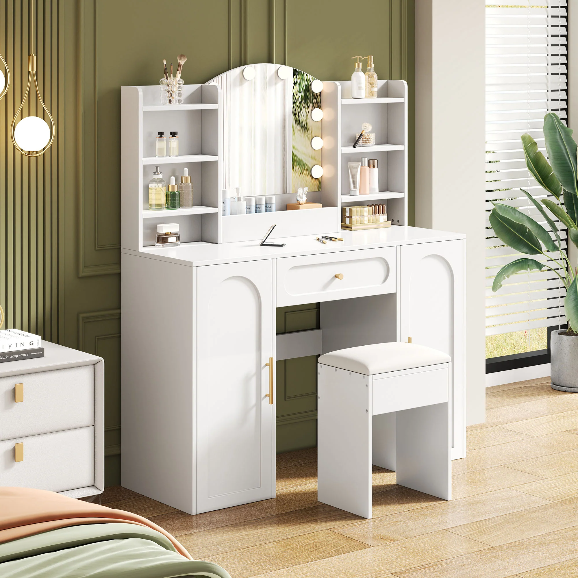 Large Vanity Table with LED Lighting, Mirror and Stool, White - Image 3