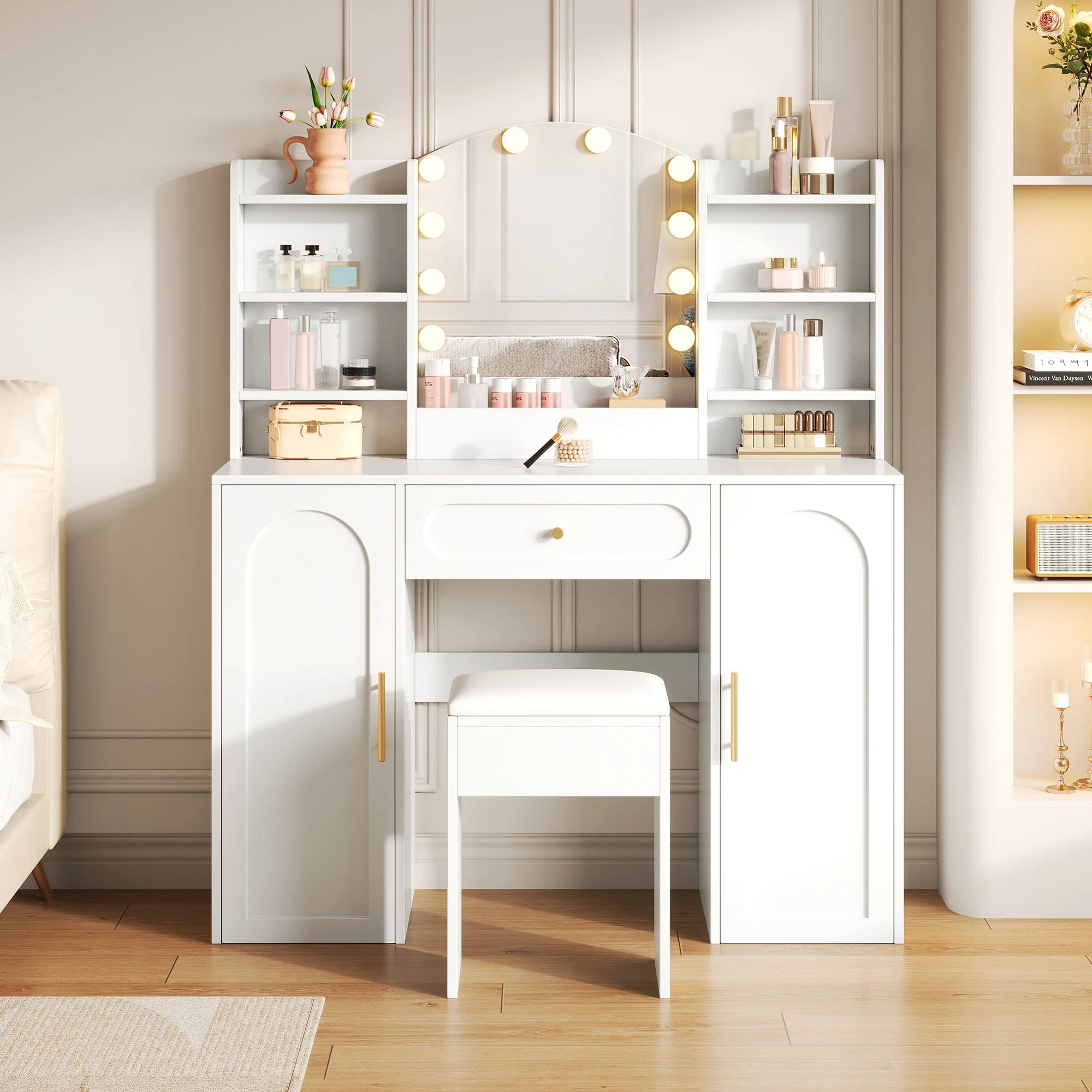 Large Vanity Table with LED Lighting, Mirror and Stool, White - Image 4