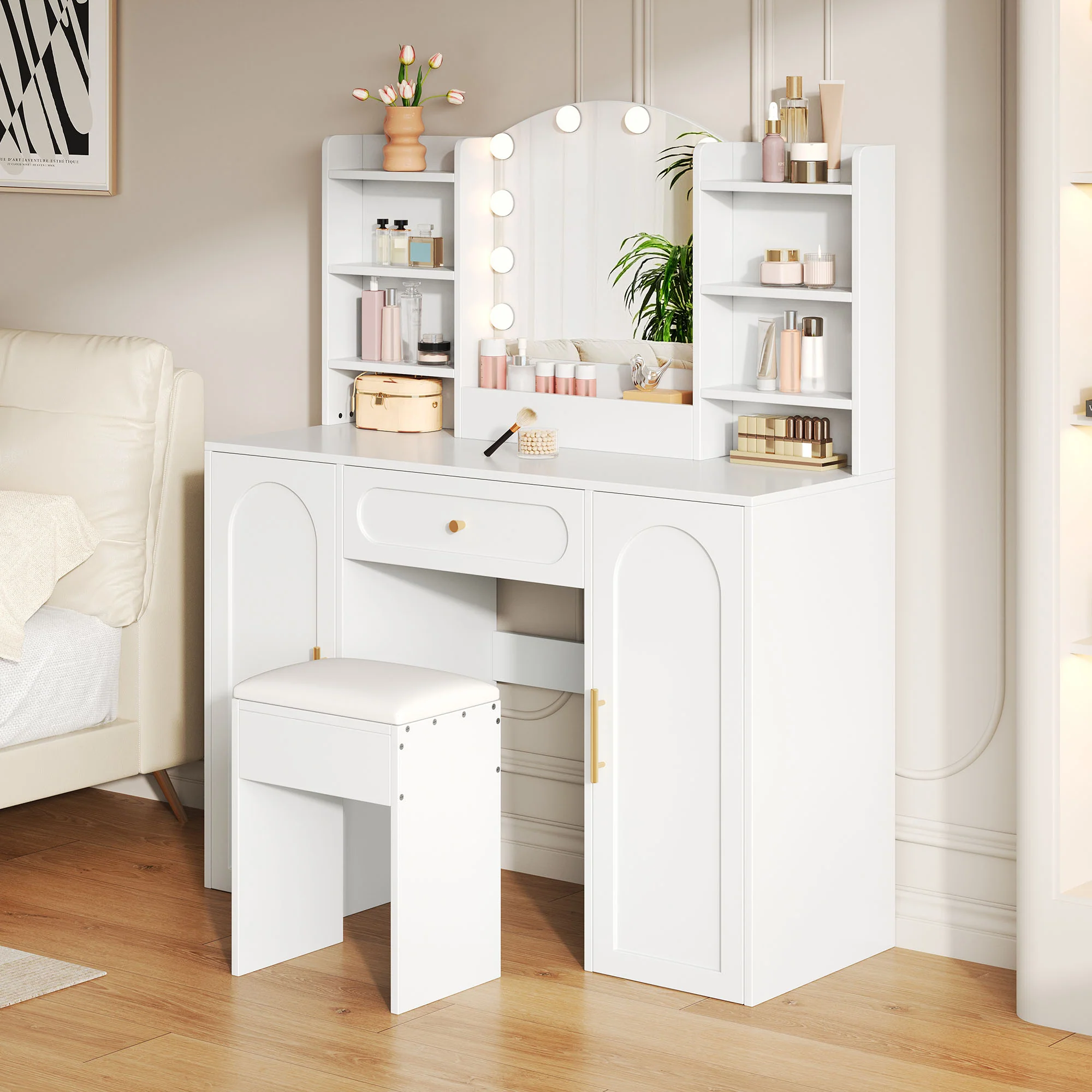 Large Vanity Table with LED Lighting, Mirror and Stool, White - Image 5