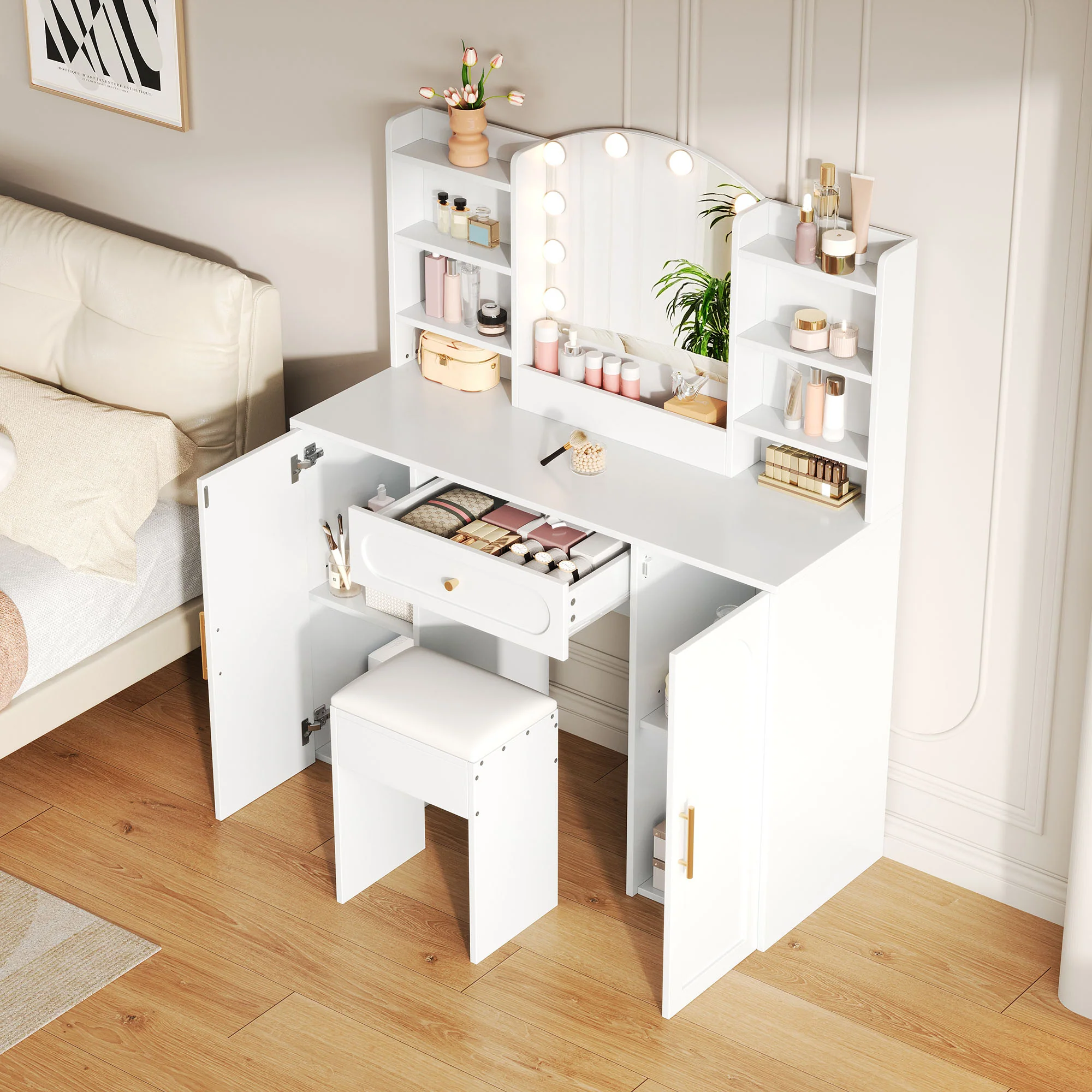 Large Vanity Table with LED Lighting, Mirror and Stool, White - Image 6