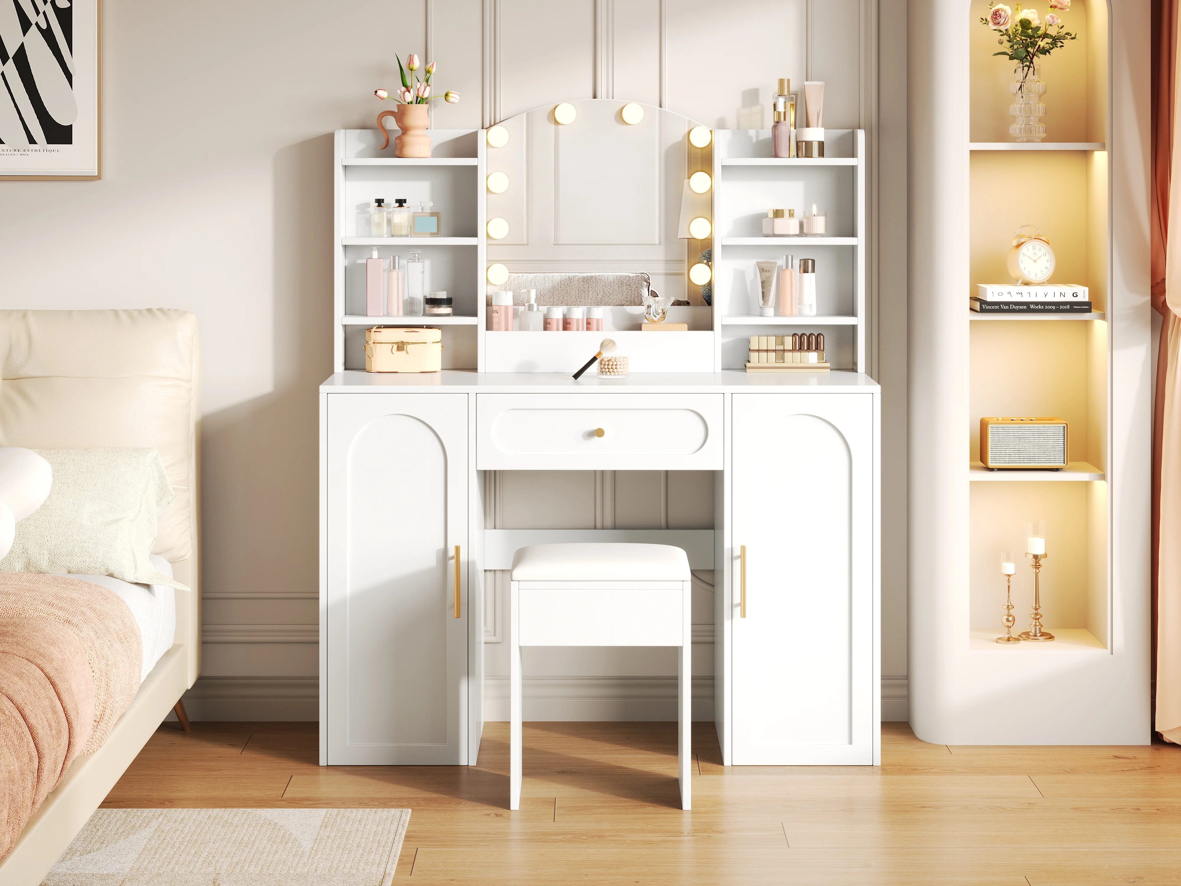 Large Vanity Table with LED Lighting, Mirror and Stool, White - Image 7