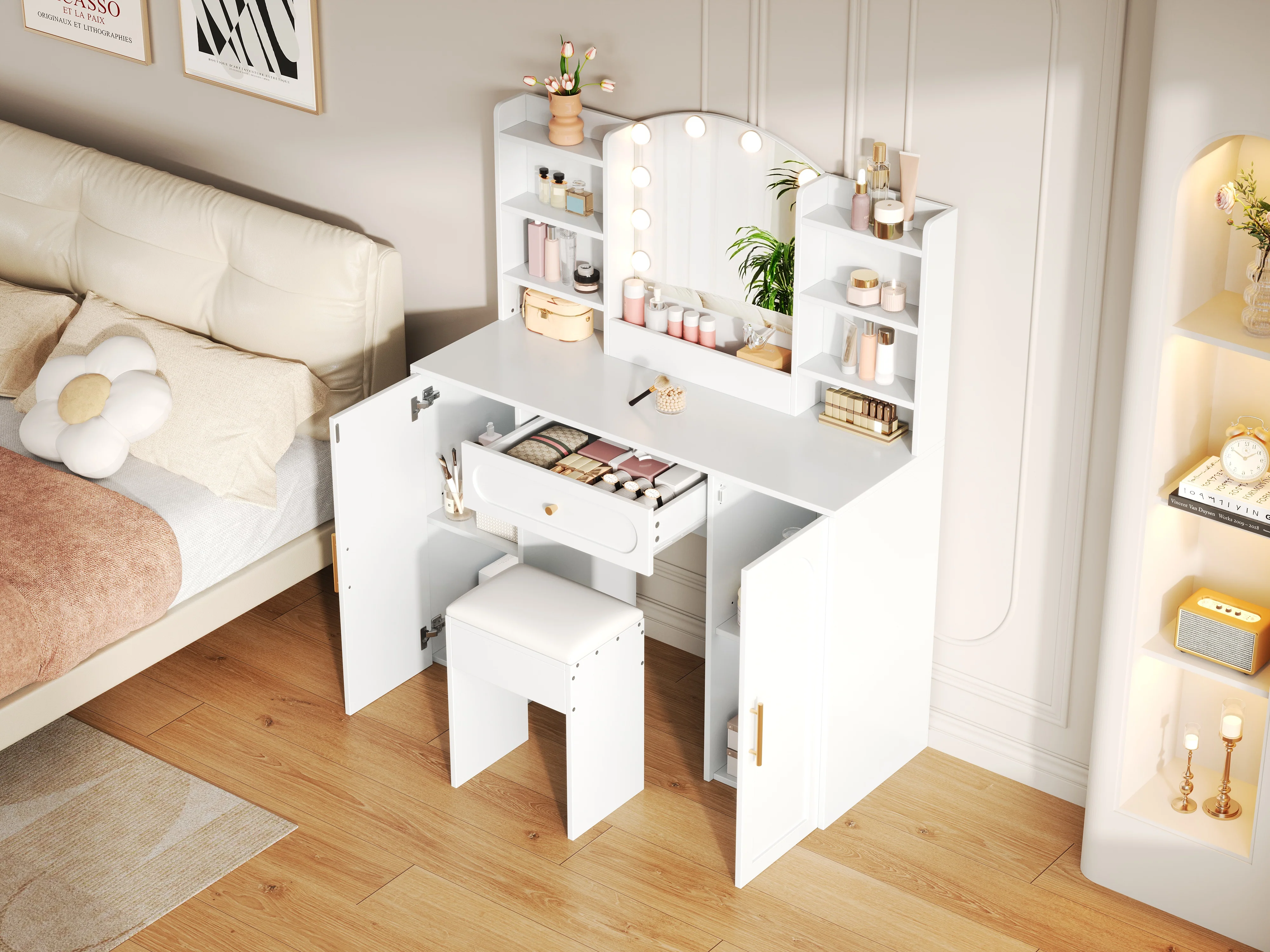 Large Vanity Table with LED Lighting, Mirror and Stool, White - Image 8