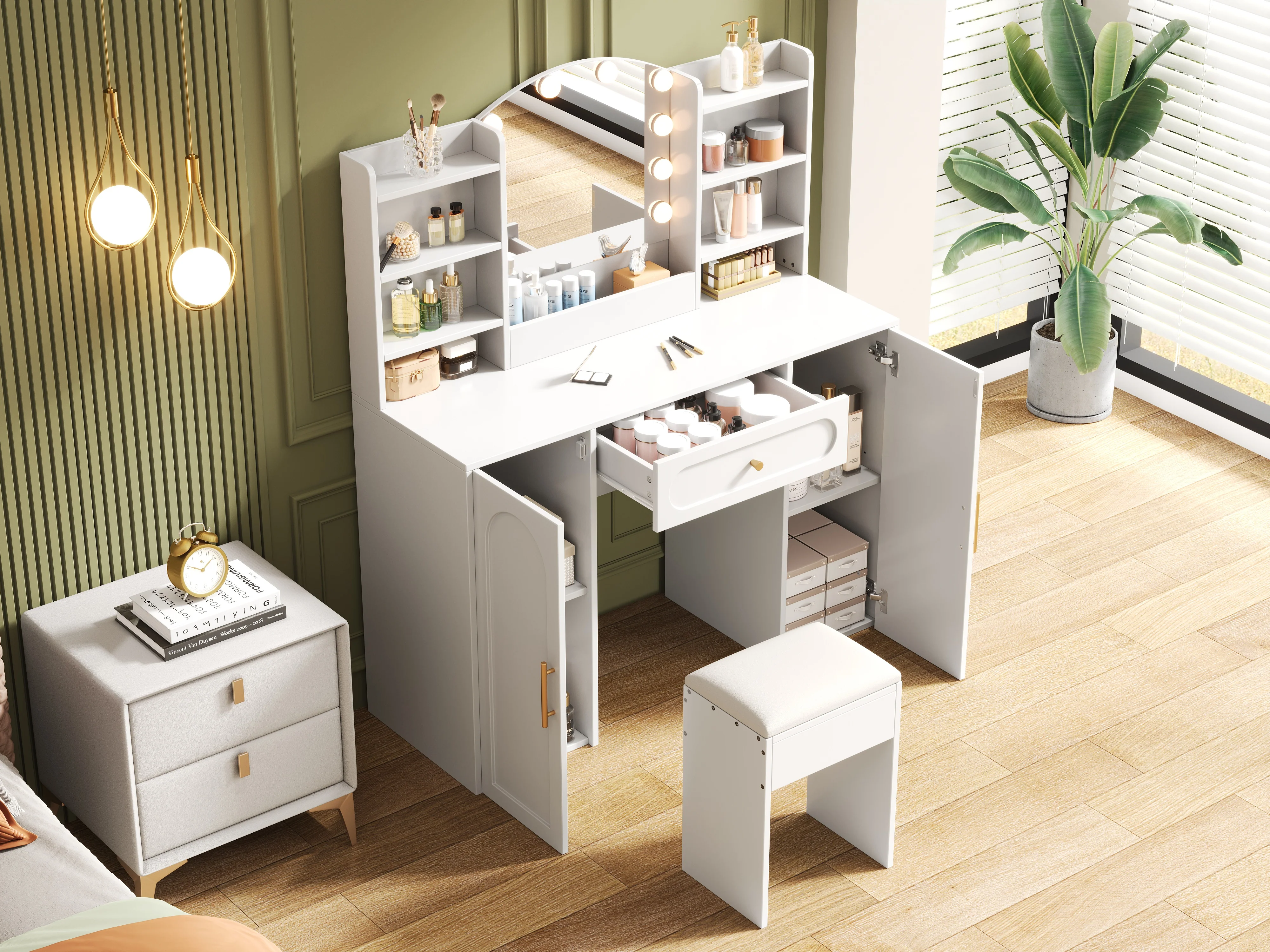 Large Vanity Table with LED Lighting, Mirror and Stool, White - Image 9