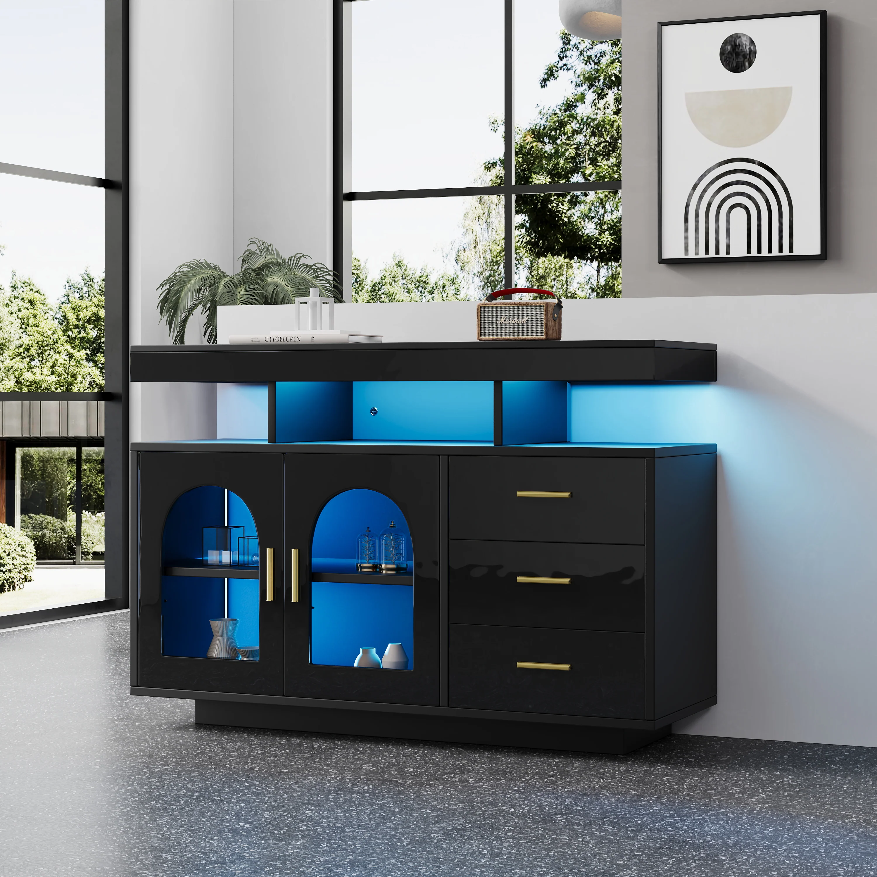 LED Sideboard Buffet Cabinet with 16-Color Lights and 3 Drawers, Black - Image 2