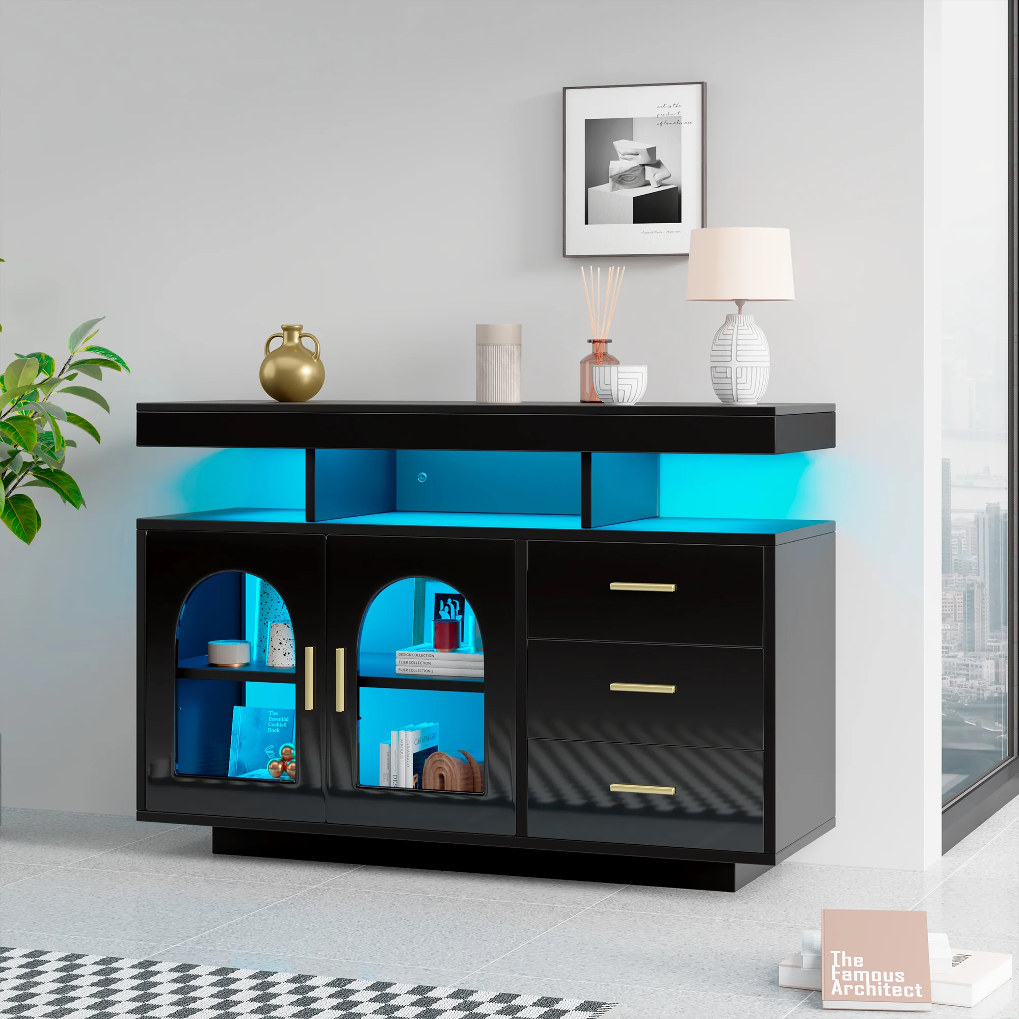 LED Sideboard Buffet Cabinet with 16-Color Lights and 3 Drawers, Black - Image 3