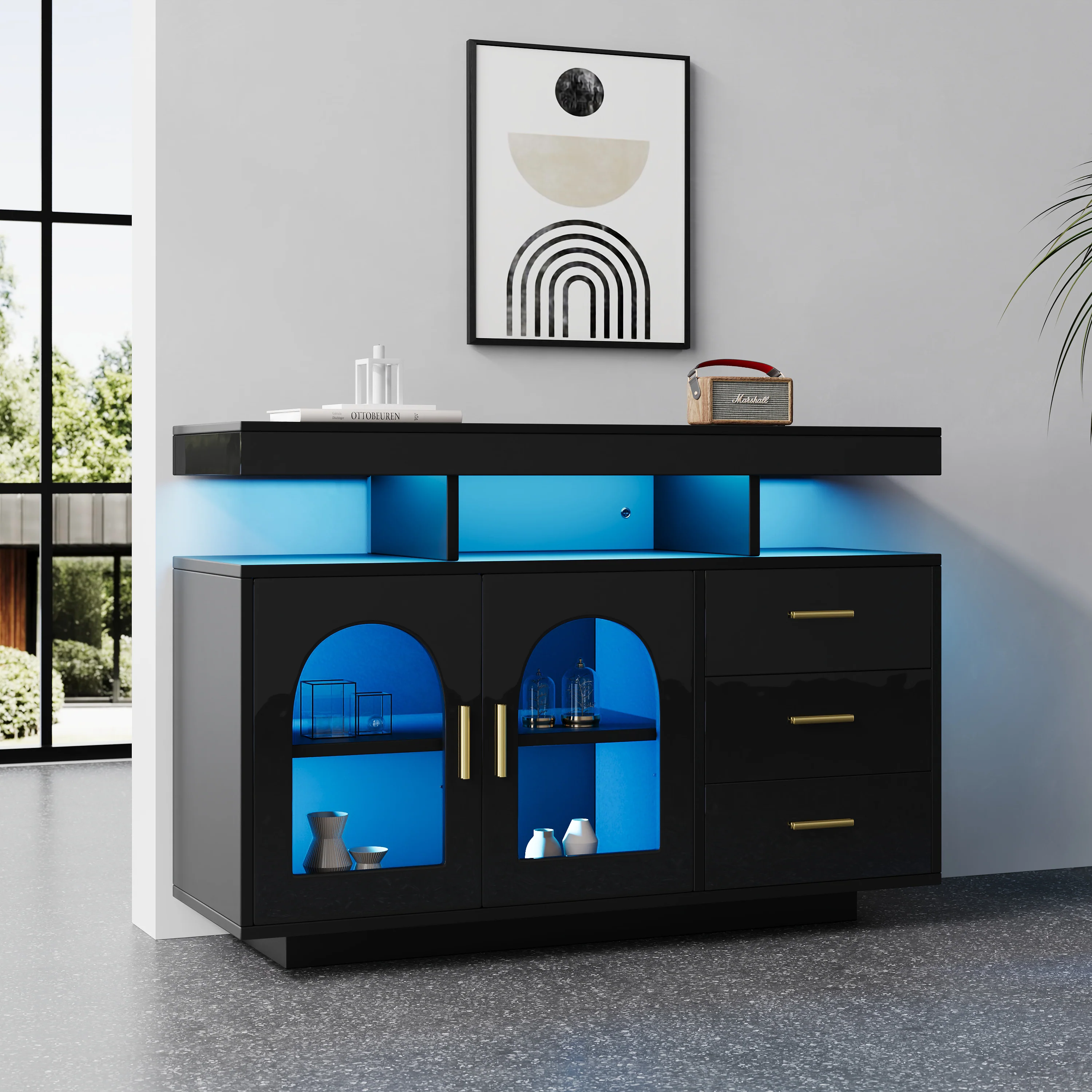 LED Sideboard Buffet Cabinet with 16-Color Lights and 3 Drawers, Black - Image 4