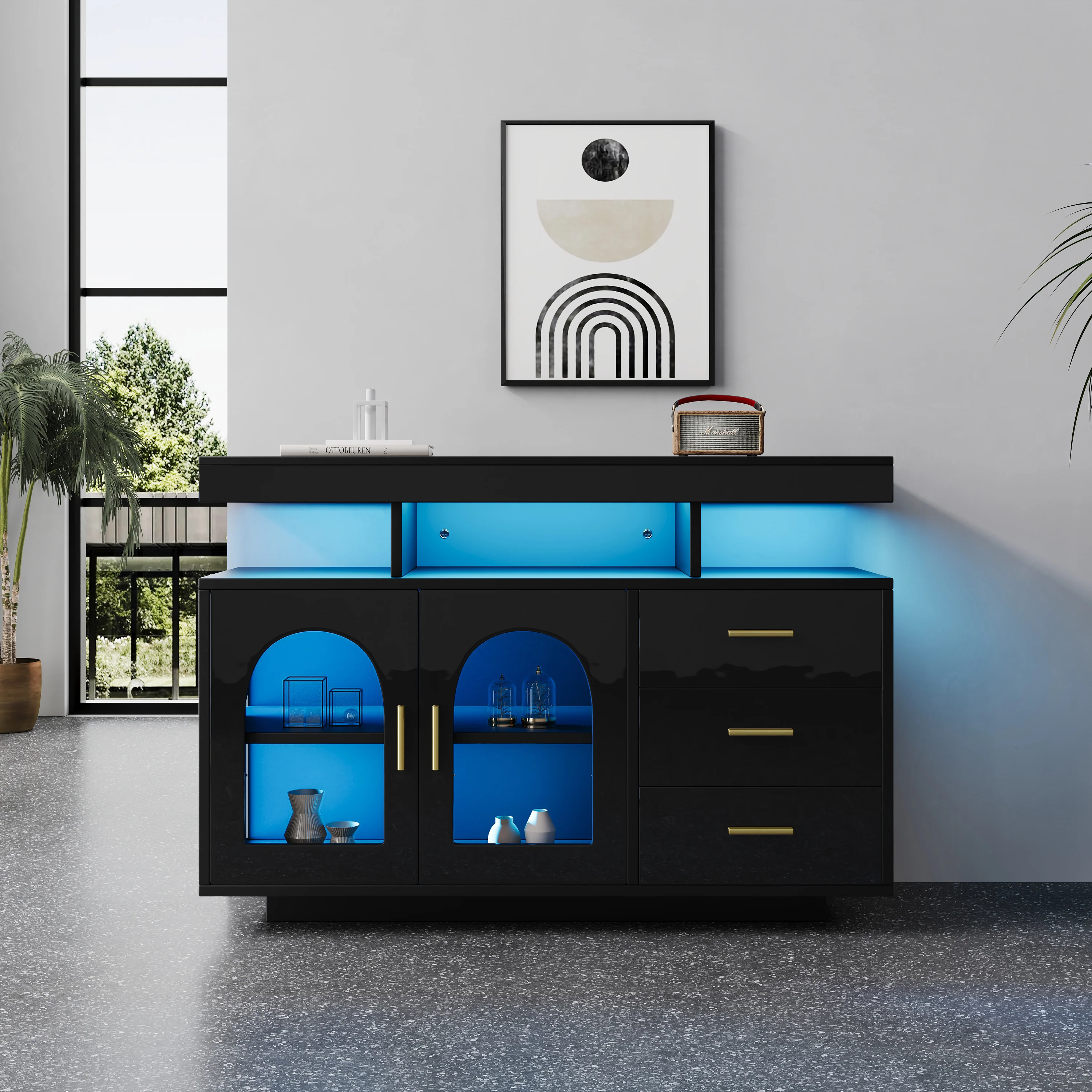 LED Sideboard Buffet Cabinet with 16-Color Lights and 3 Drawers, Black - Image 5