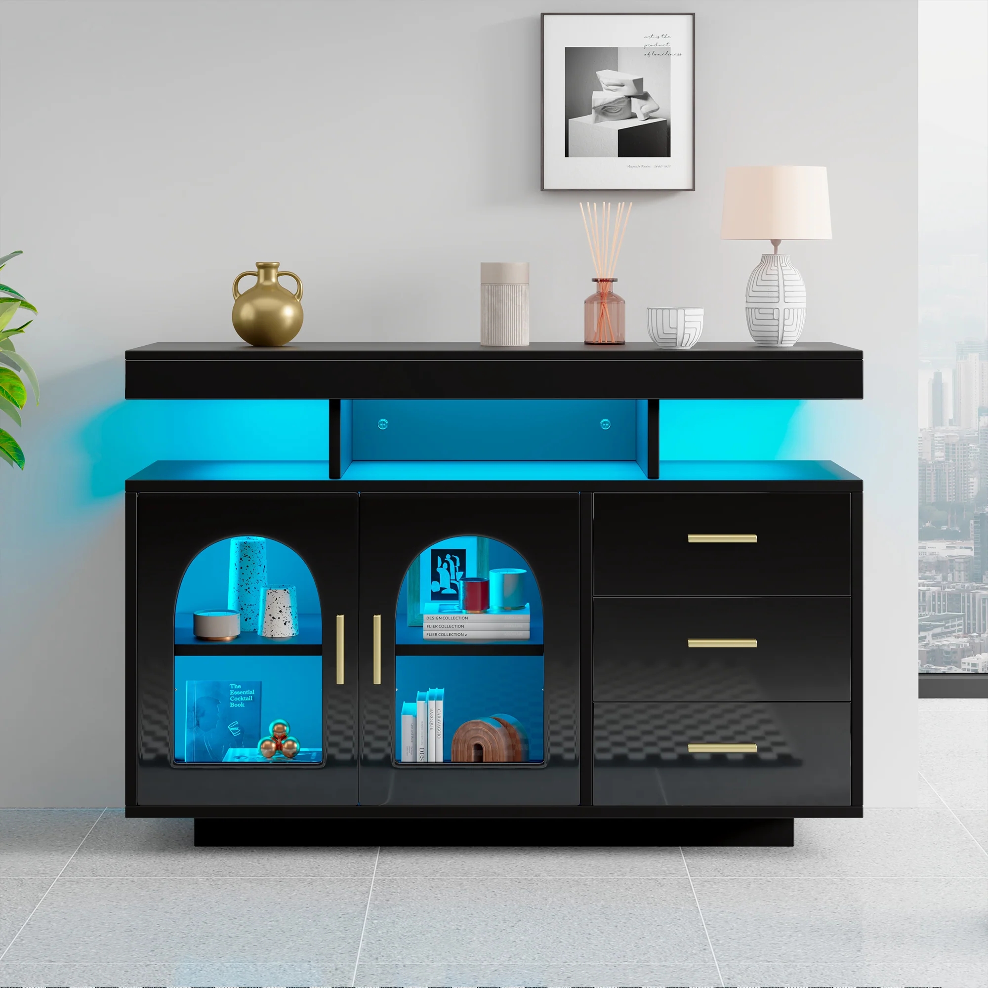 LED Sideboard Buffet Cabinet with 16-Color Lights and 3 Drawers, Black - Image 6