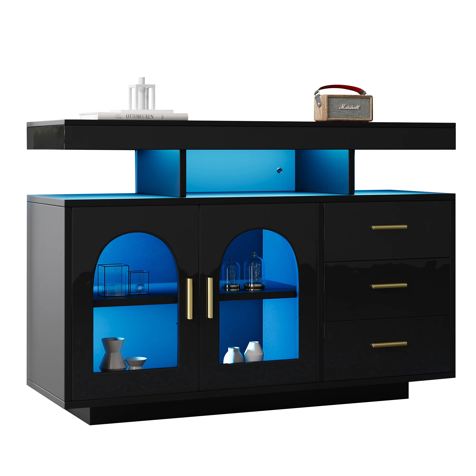 LED Sideboard Buffet Cabinet with 16-Color Lights and 3 Drawers, Black - Image 8