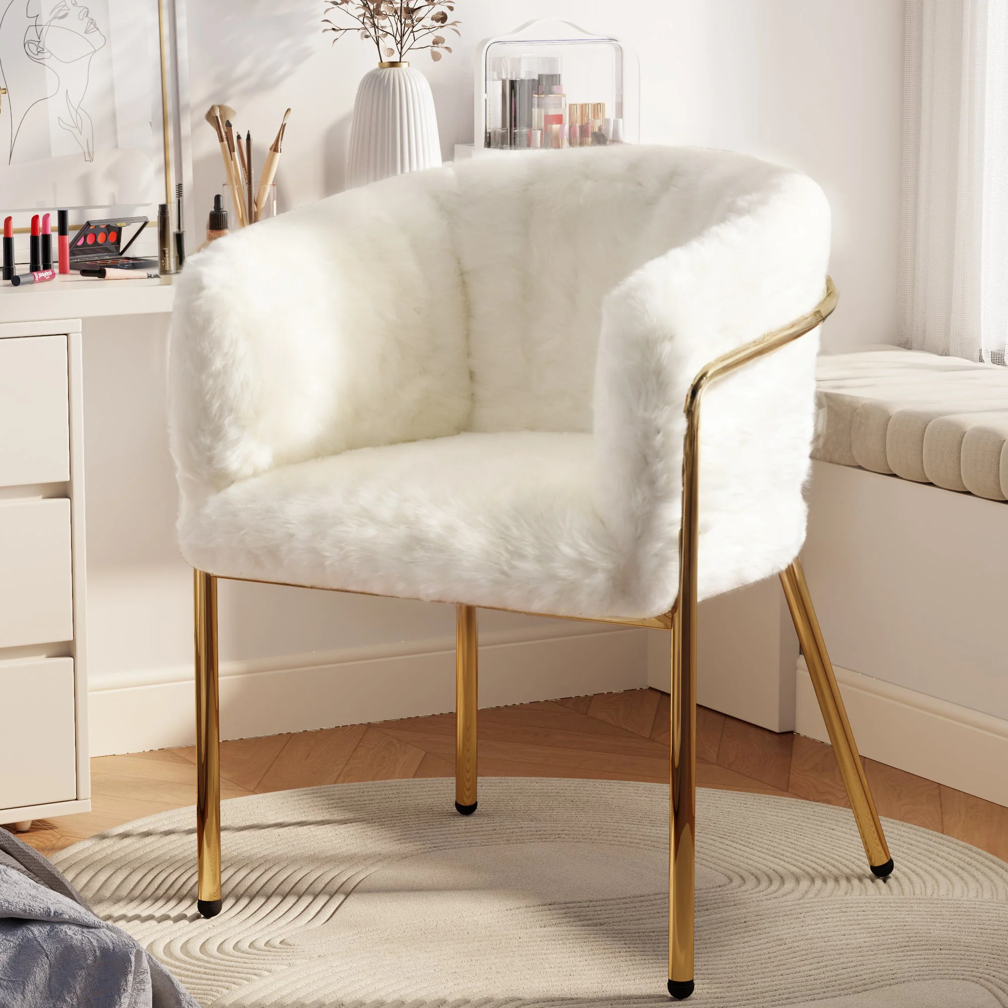 Leisure Chair, Single Dressing Dining Chair with 4 Metal Legs, Imitation Rabbit Down Beige