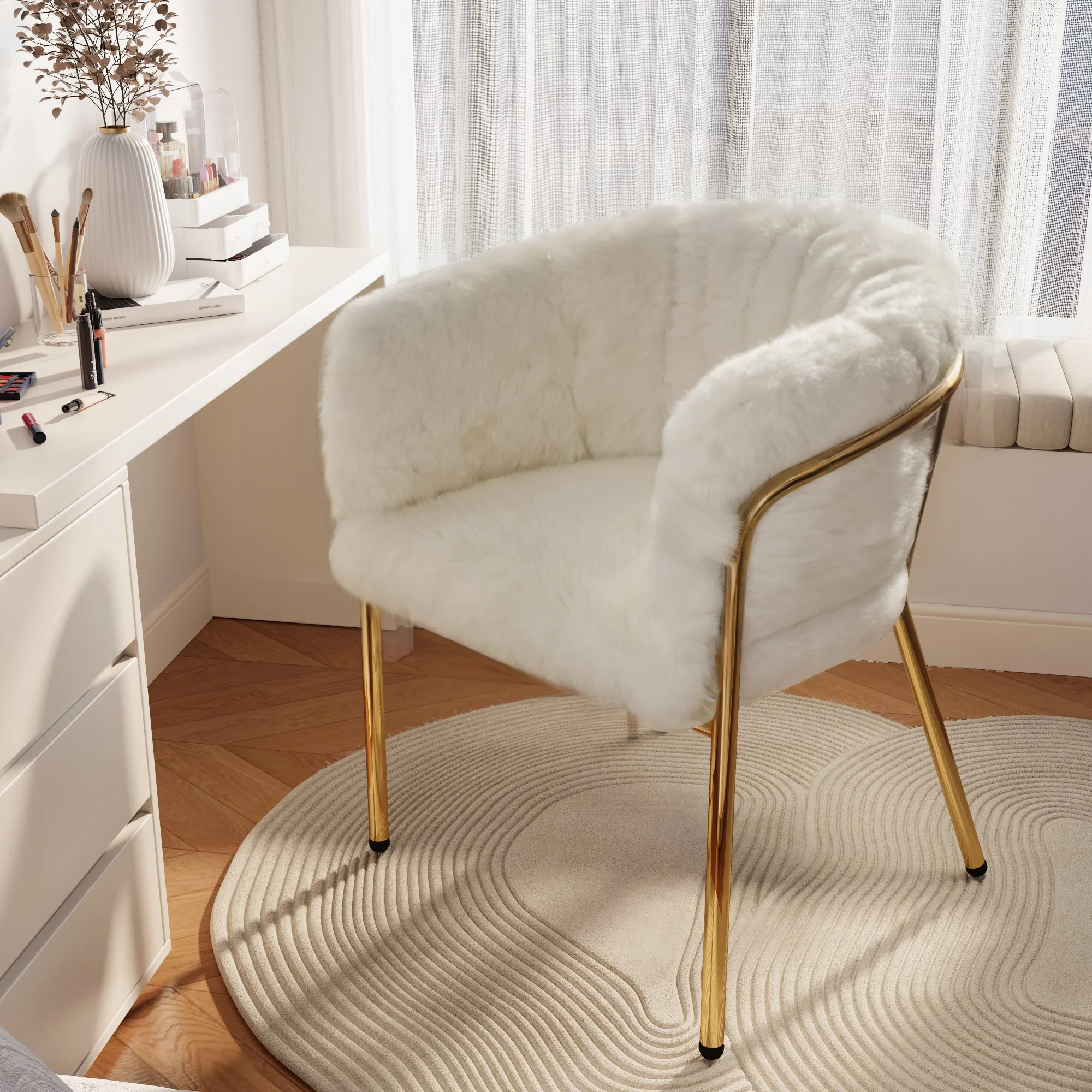Leisure Chair, Single Dressing Dining Chair with 4 Metal Legs, Imitation Rabbit Down Beige - Image 2