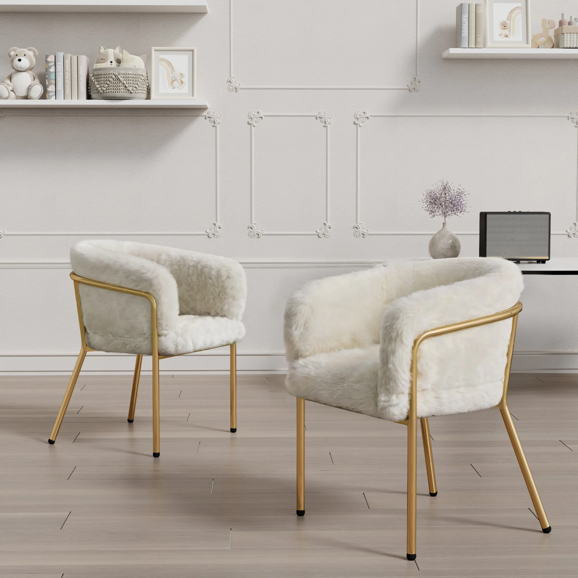 Leisure Chair, Single Dressing Dining Chair with 4 Metal Legs, Imitation Rabbit Down Beige - Image 3