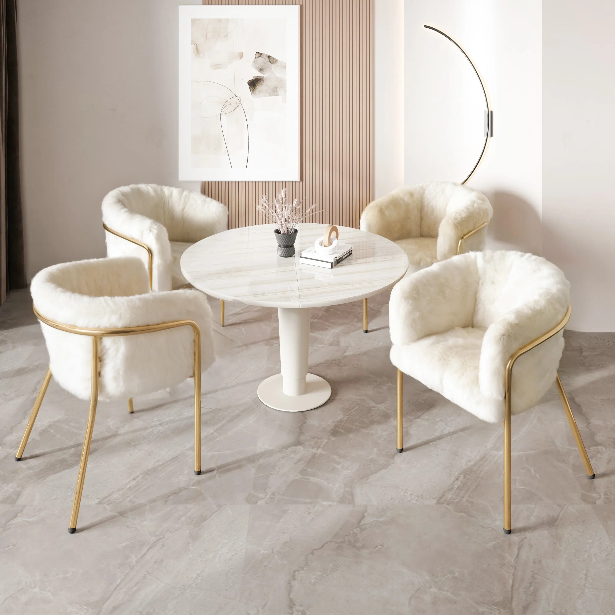 Leisure Chair, Single Dressing Dining Chair with 4 Metal Legs, Imitation Rabbit Down Beige - Image 4