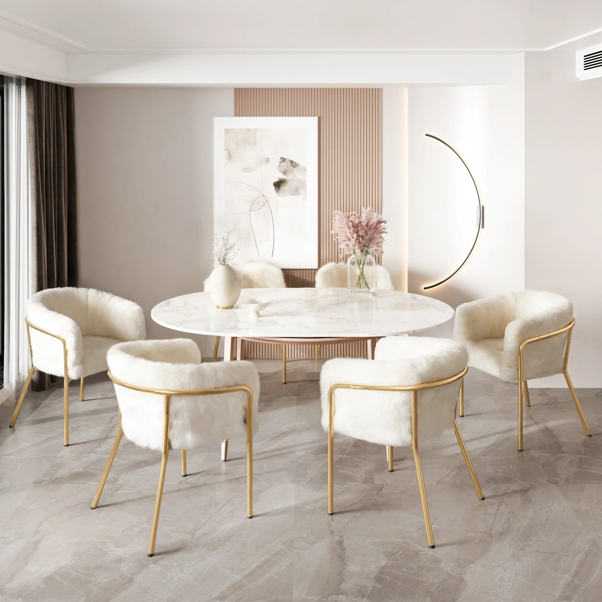 Leisure Chair, Single Dressing Dining Chair with 4 Metal Legs, Imitation Rabbit Down Beige - Image 5