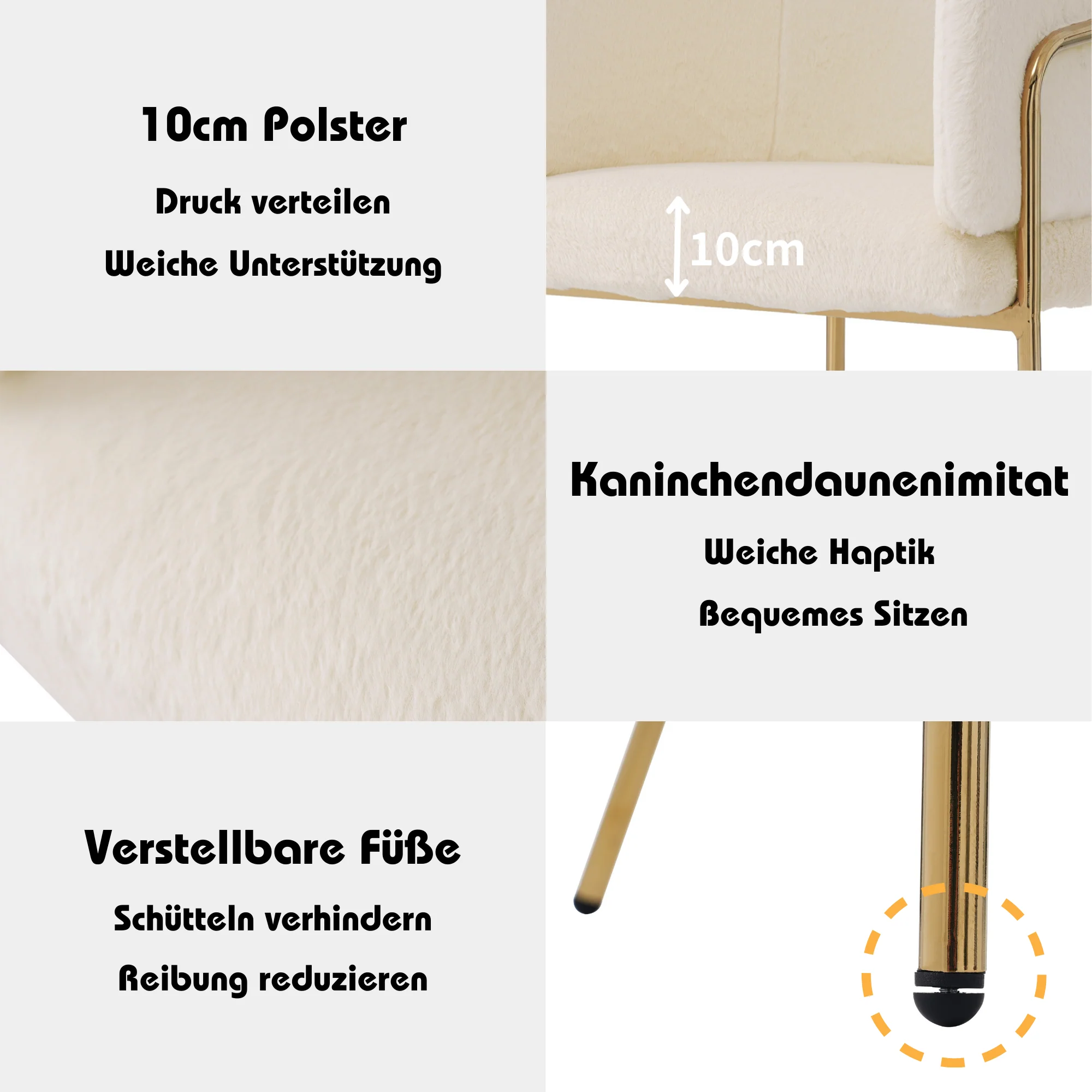 Leisure Chair, Single Dressing Dining Chair with 4 Metal Legs, Imitation Rabbit Down Beige - Image 6