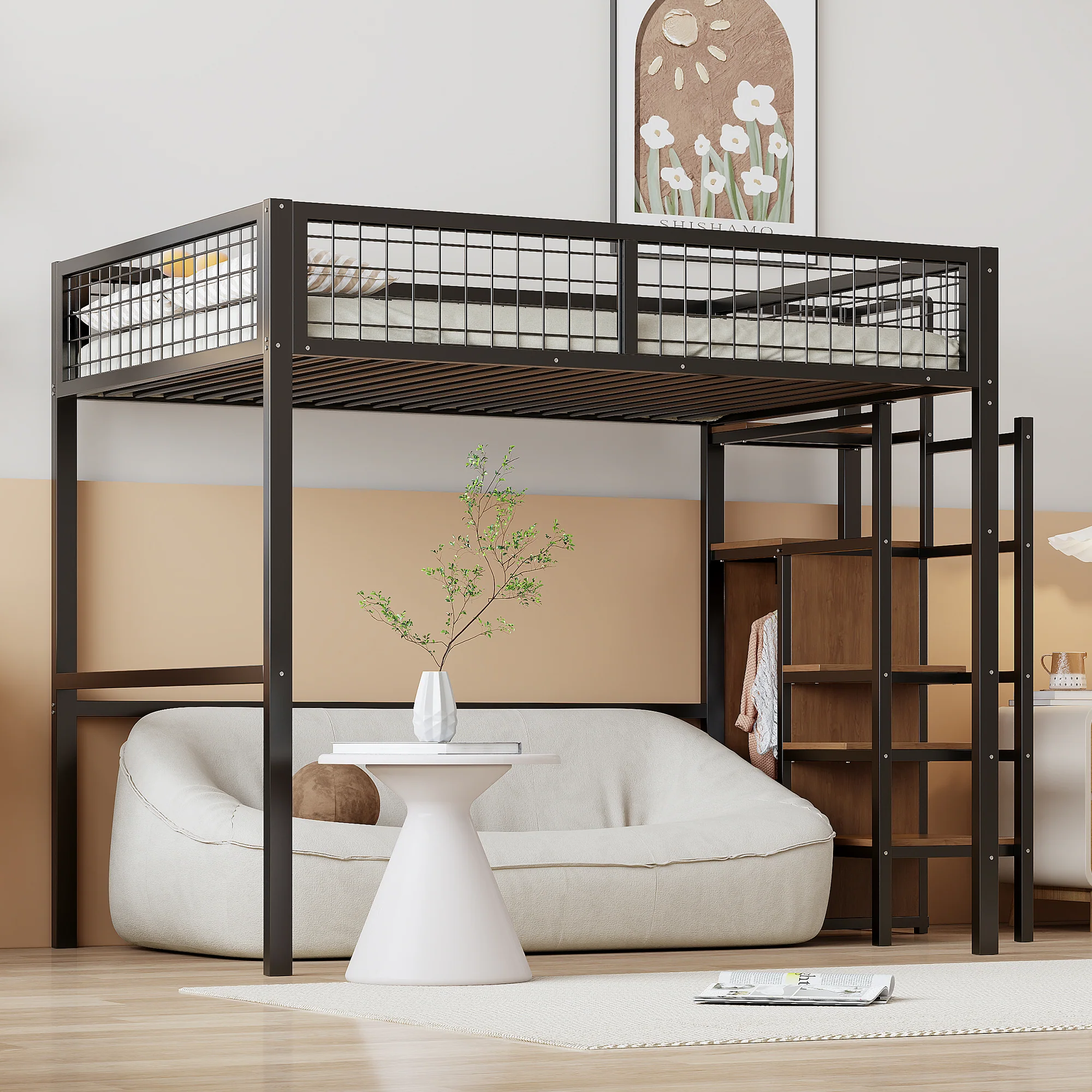 Loft Bed 140*200, Ladder & Storage, Iron Frame, Black - Image 2