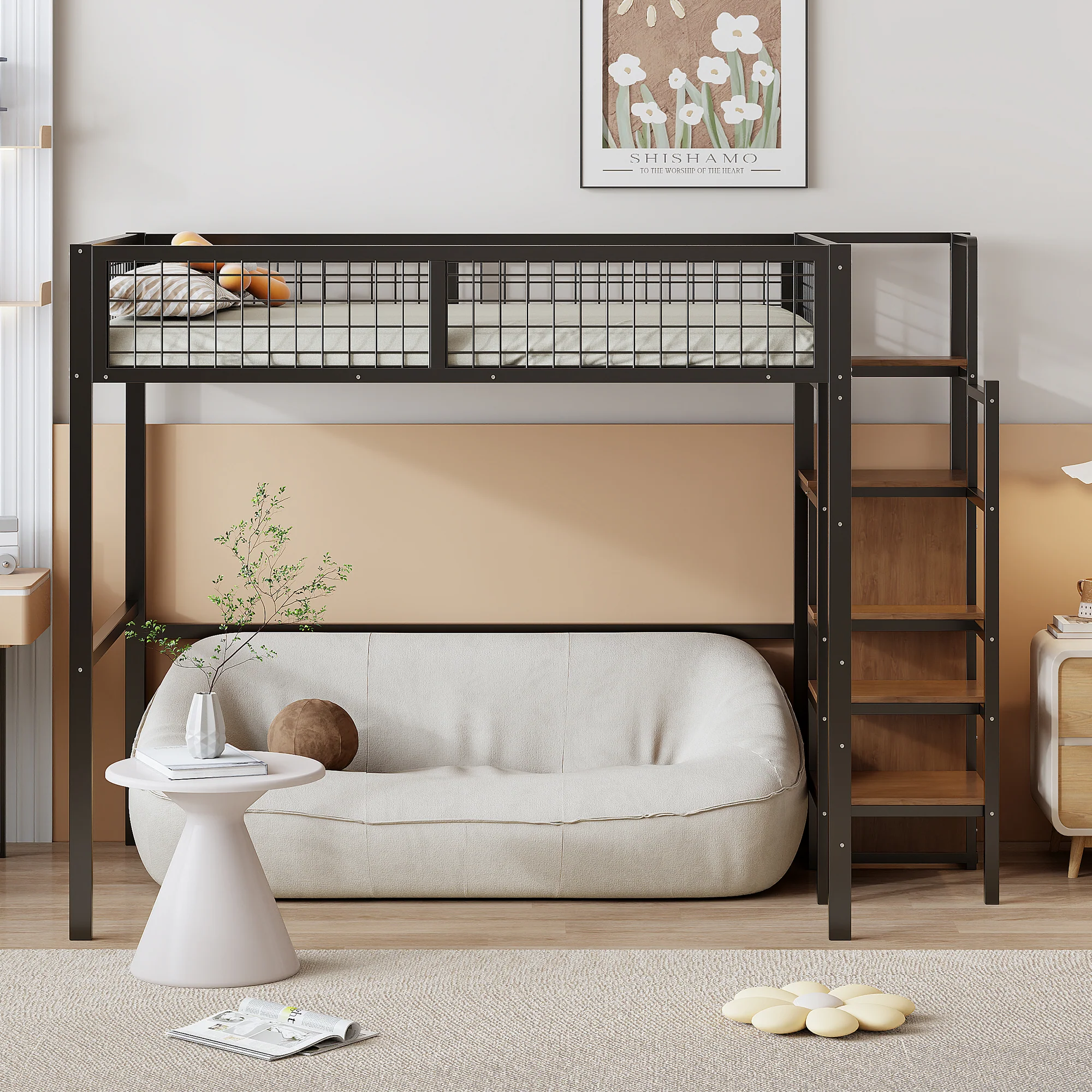 Loft Bed 140*200, Ladder & Storage, Iron Frame, Black - Image 3