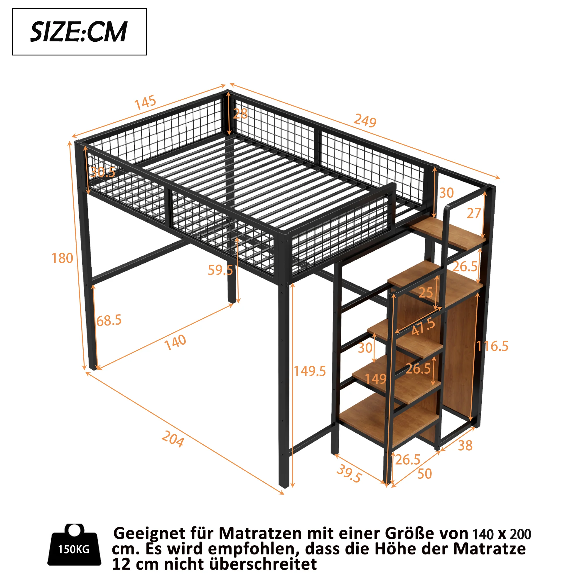 Loft Bed 140*200, Ladder & Storage, Iron Frame, Black - Image 4