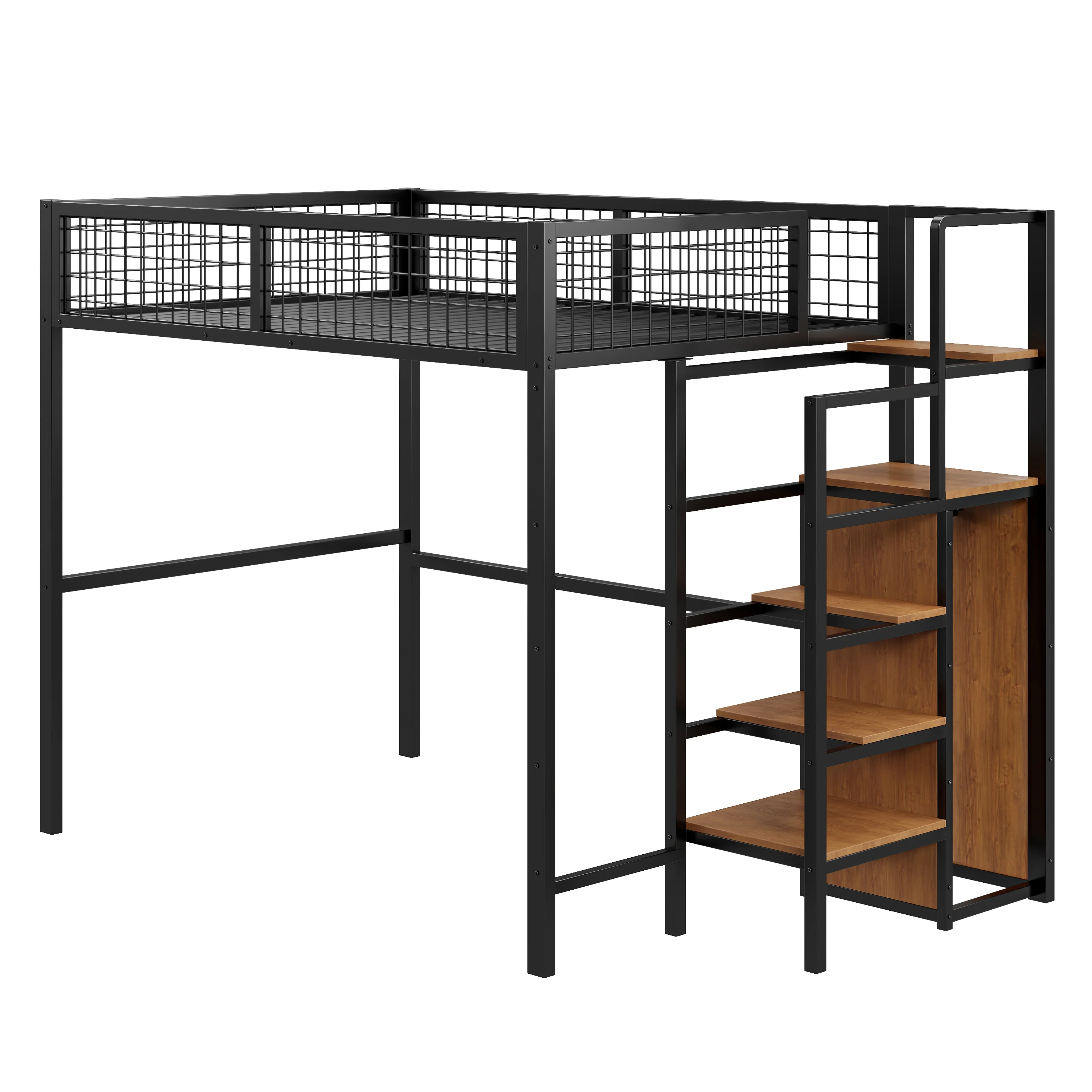 Loft Bed 140*200, Ladder & Storage, Iron Frame, Black - Image 5