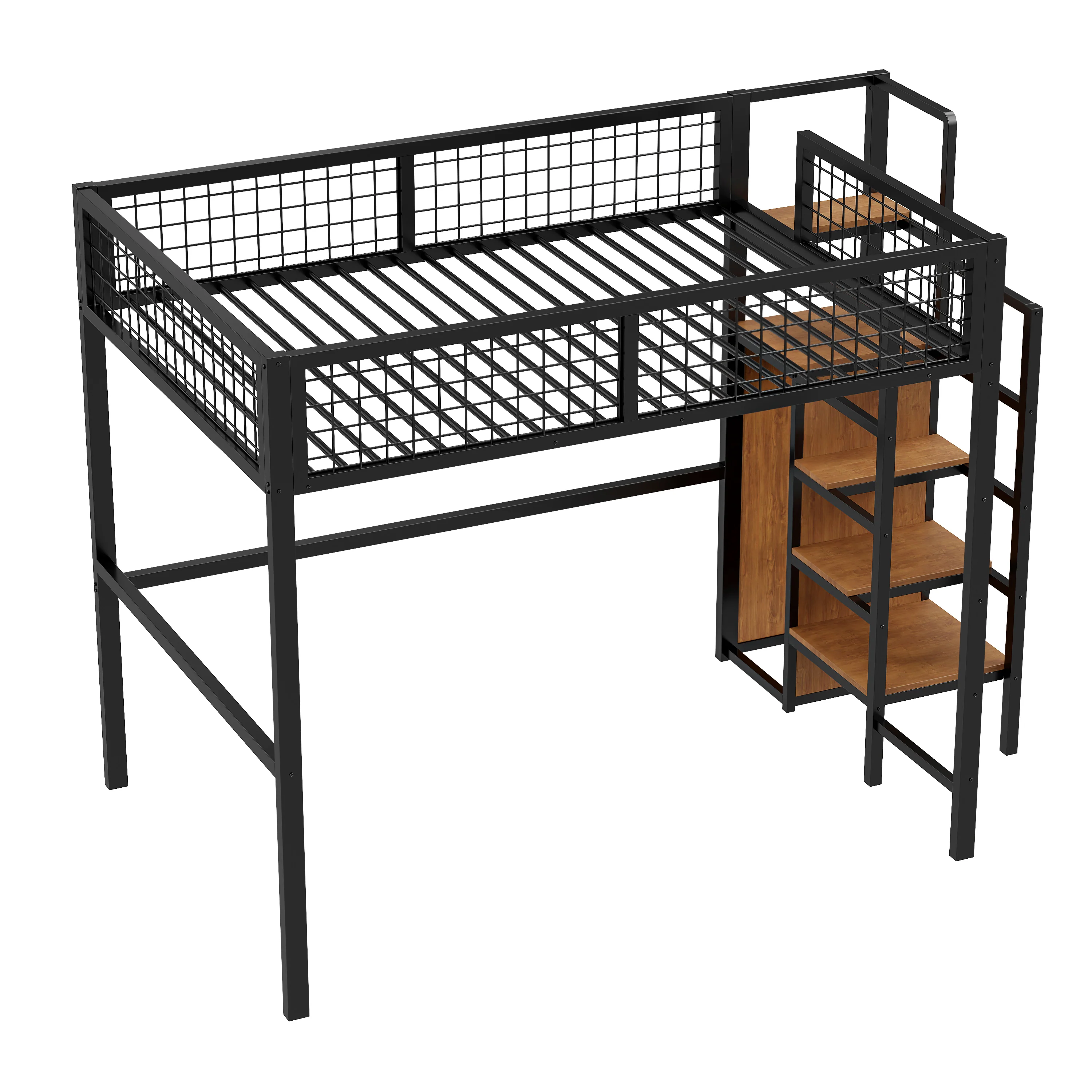 Loft Bed 140*200, Ladder & Storage, Iron Frame, Black - Image 6