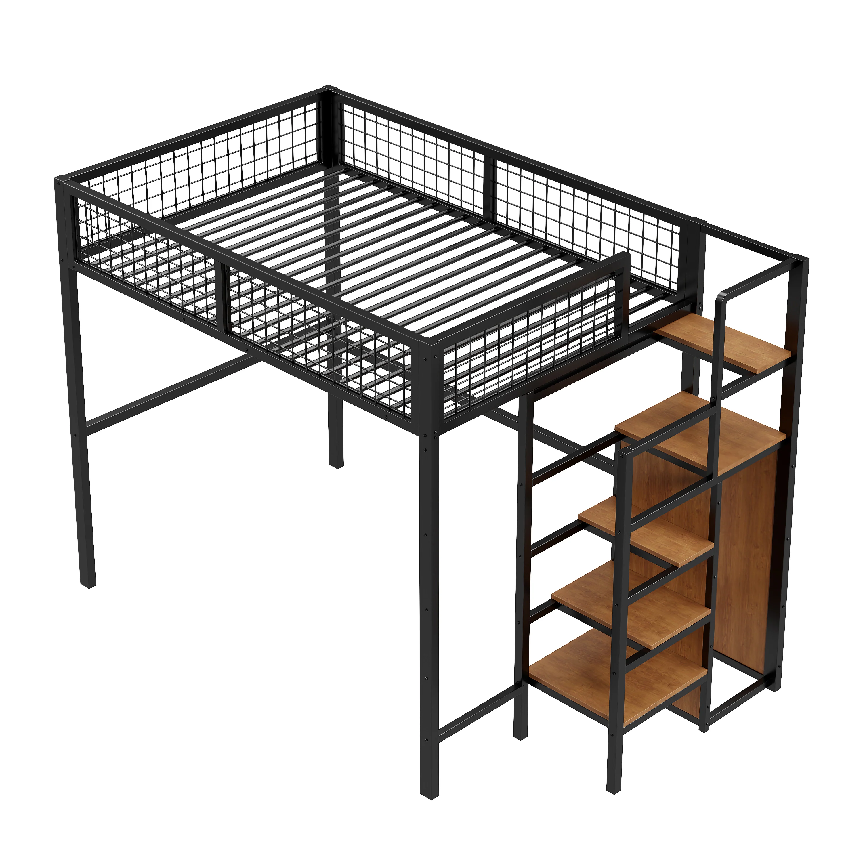 Loft Bed 140*200, Ladder & Storage, Iron Frame, Black - Image 7