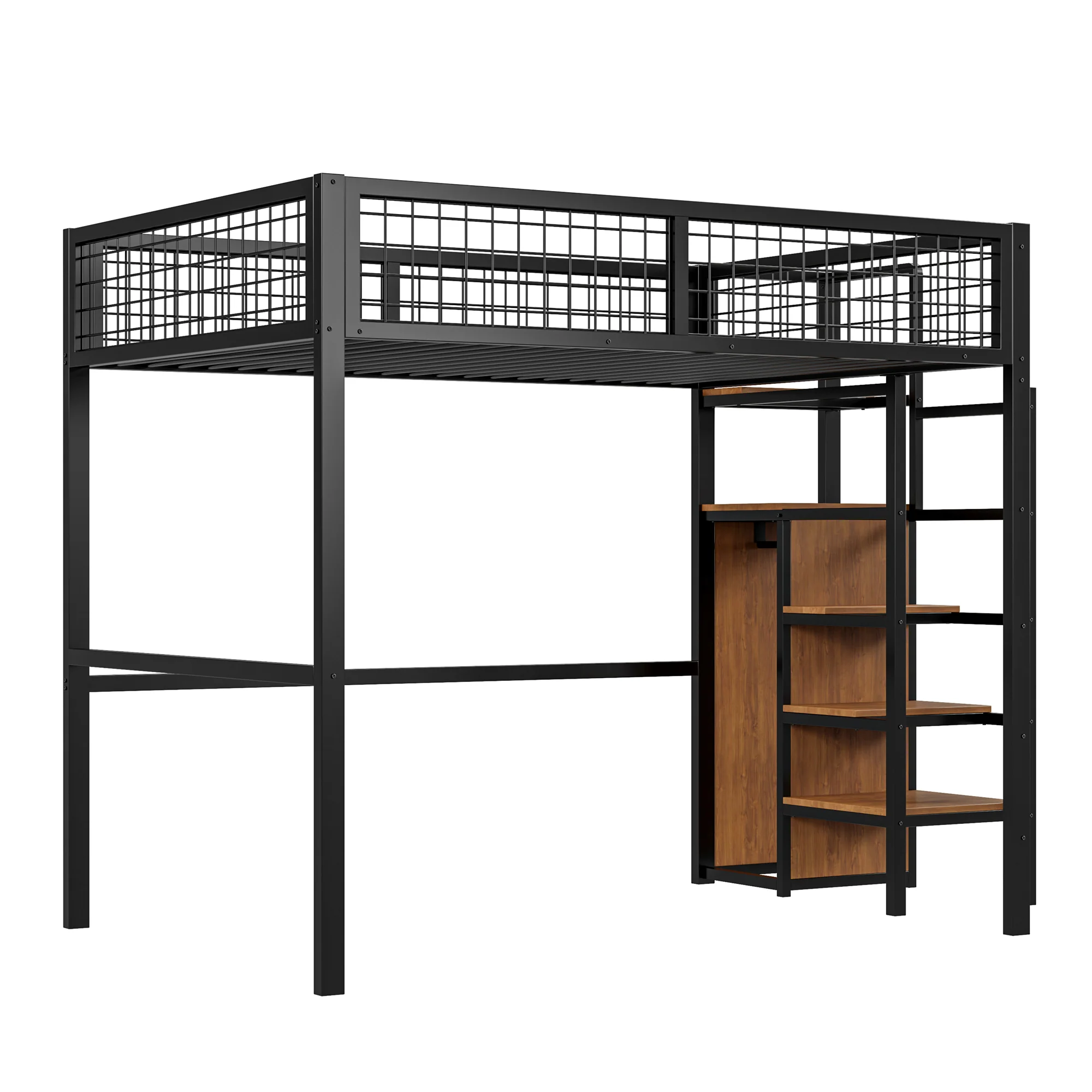 Loft Bed 140*200, Ladder & Storage, Iron Frame, Black - Image 8