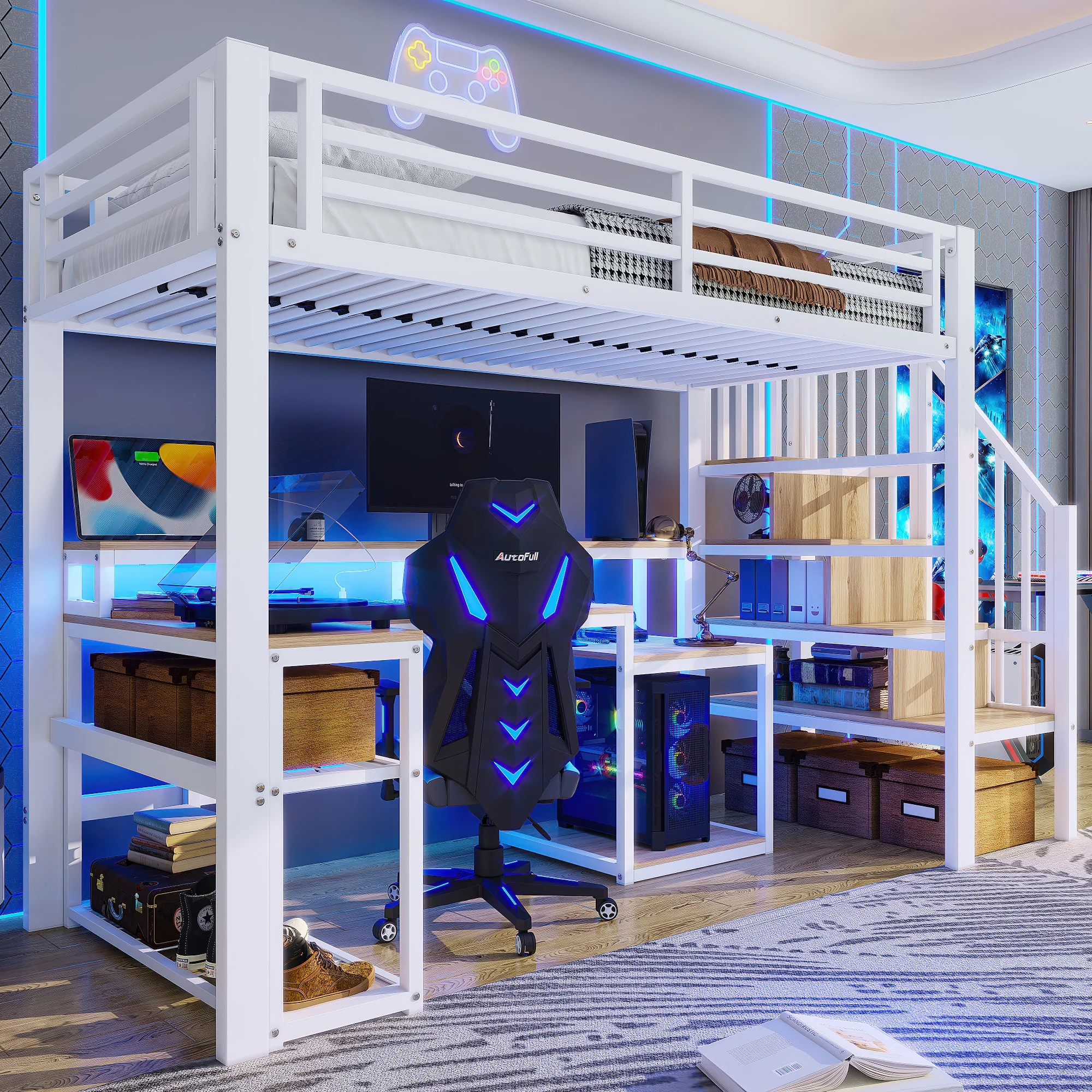 Loft Bed with Desk, LED Light Strip and Storage Staircase, 90 x 200 cm, White Iron Frame