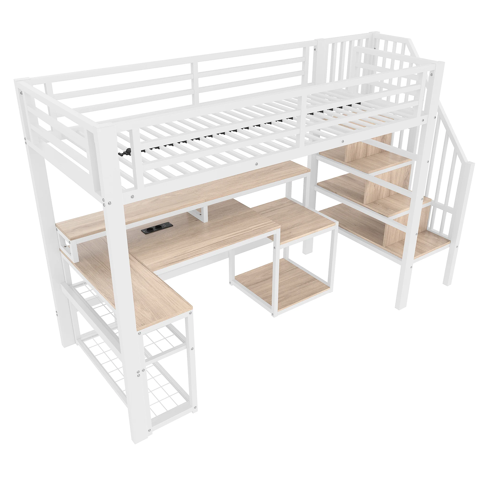 Loft Bed with Desk, LED Light Strip and Storage Staircase, 90 x 200 cm, White Iron Frame - Image 10