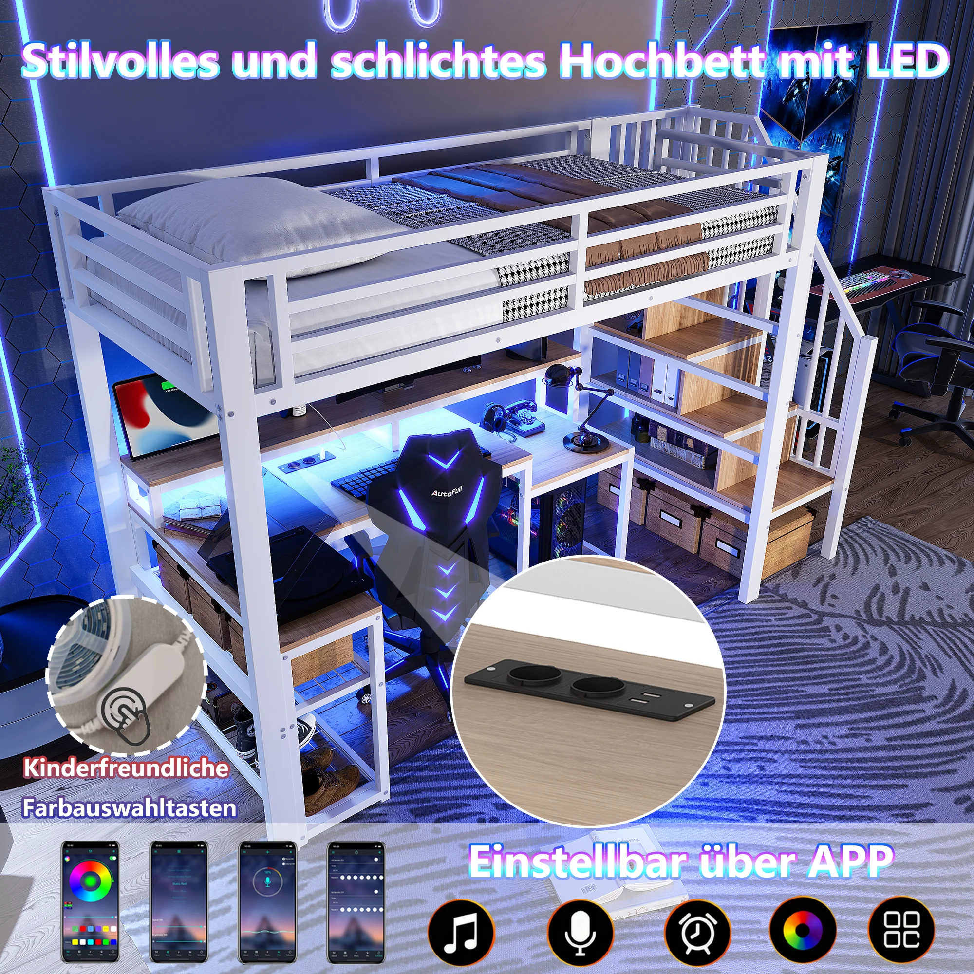 Loft Bed with Desk, LED Light Strip and Storage Staircase, 90 x 200 cm, White Iron Frame - Image 2