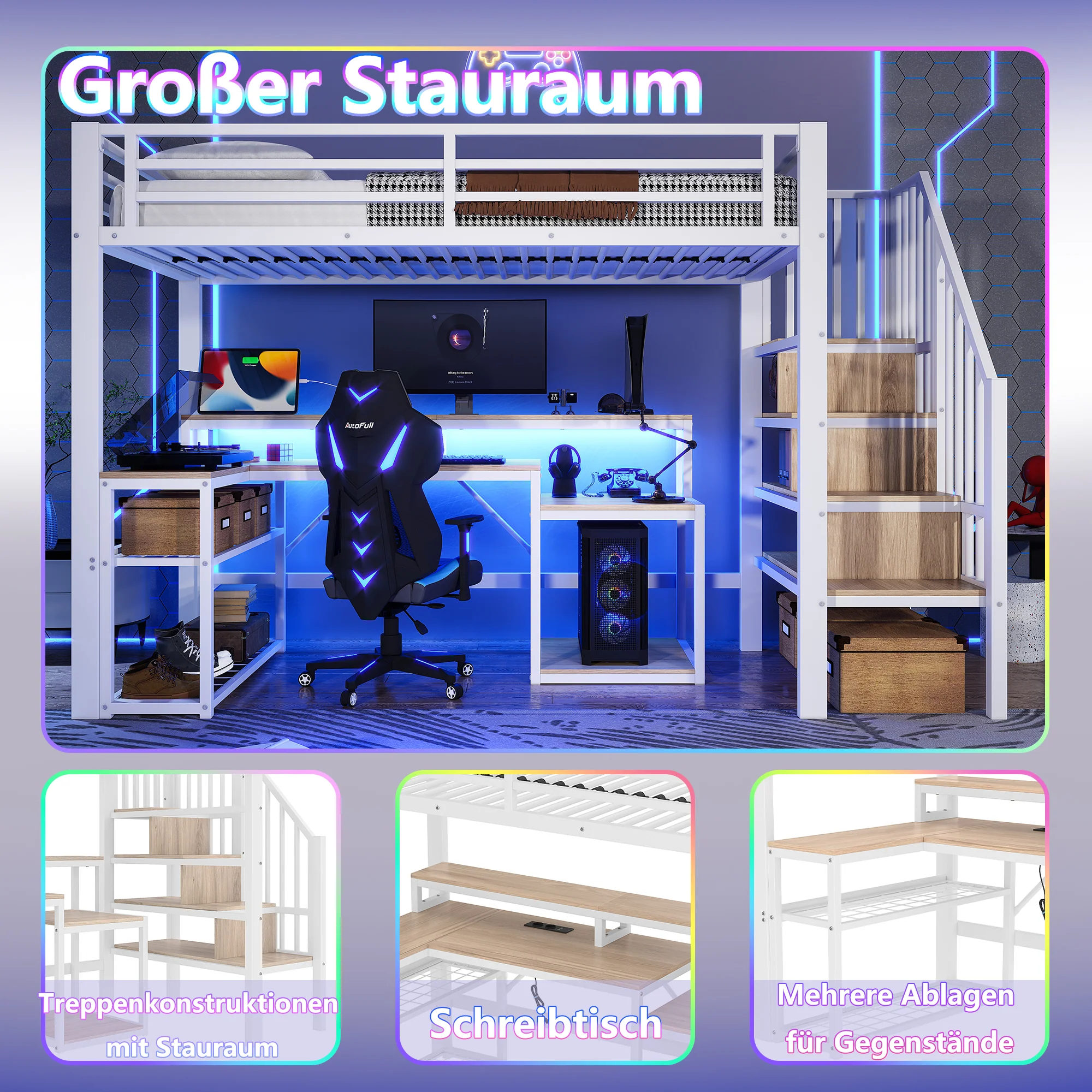 Loft Bed with Desk, LED Light Strip and Storage Staircase, 90 x 200 cm, White Iron Frame - Image 3