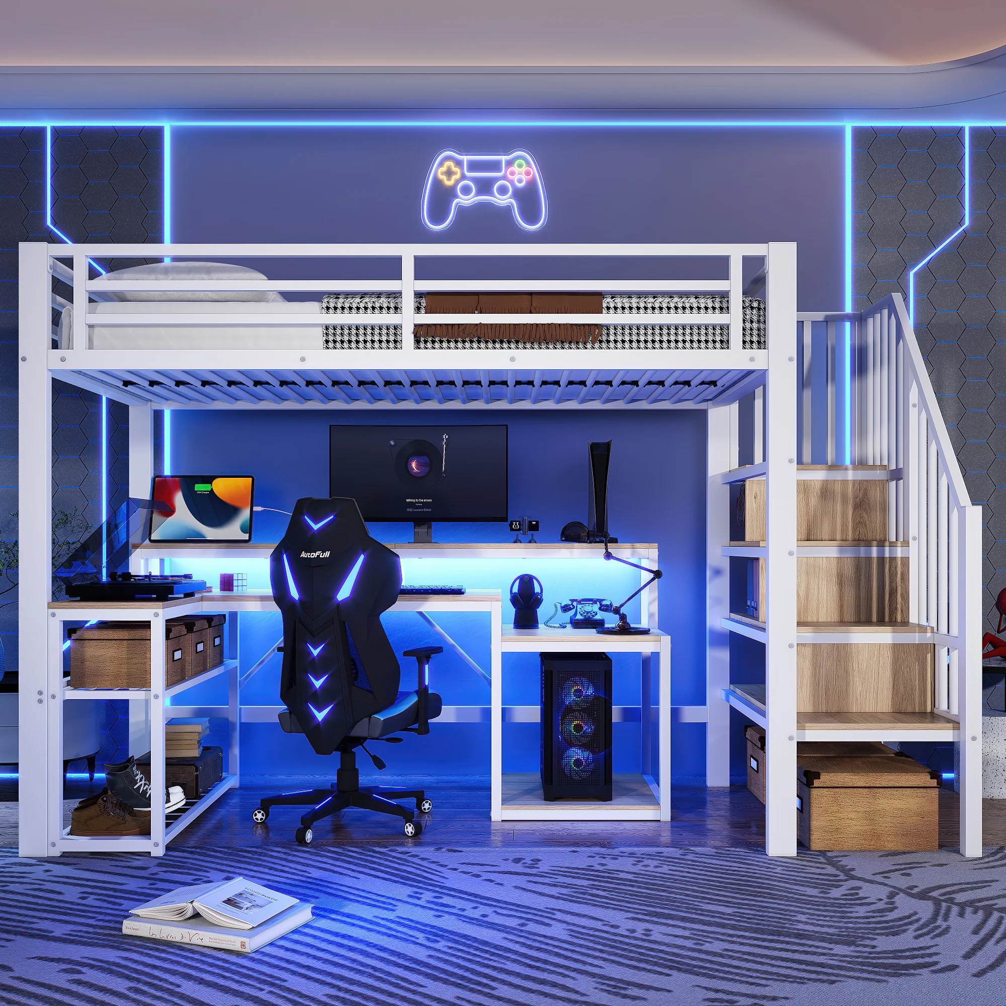 Loft Bed with Desk, LED Light Strip and Storage Staircase, 90 x 200 cm, White Iron Frame - Image 4