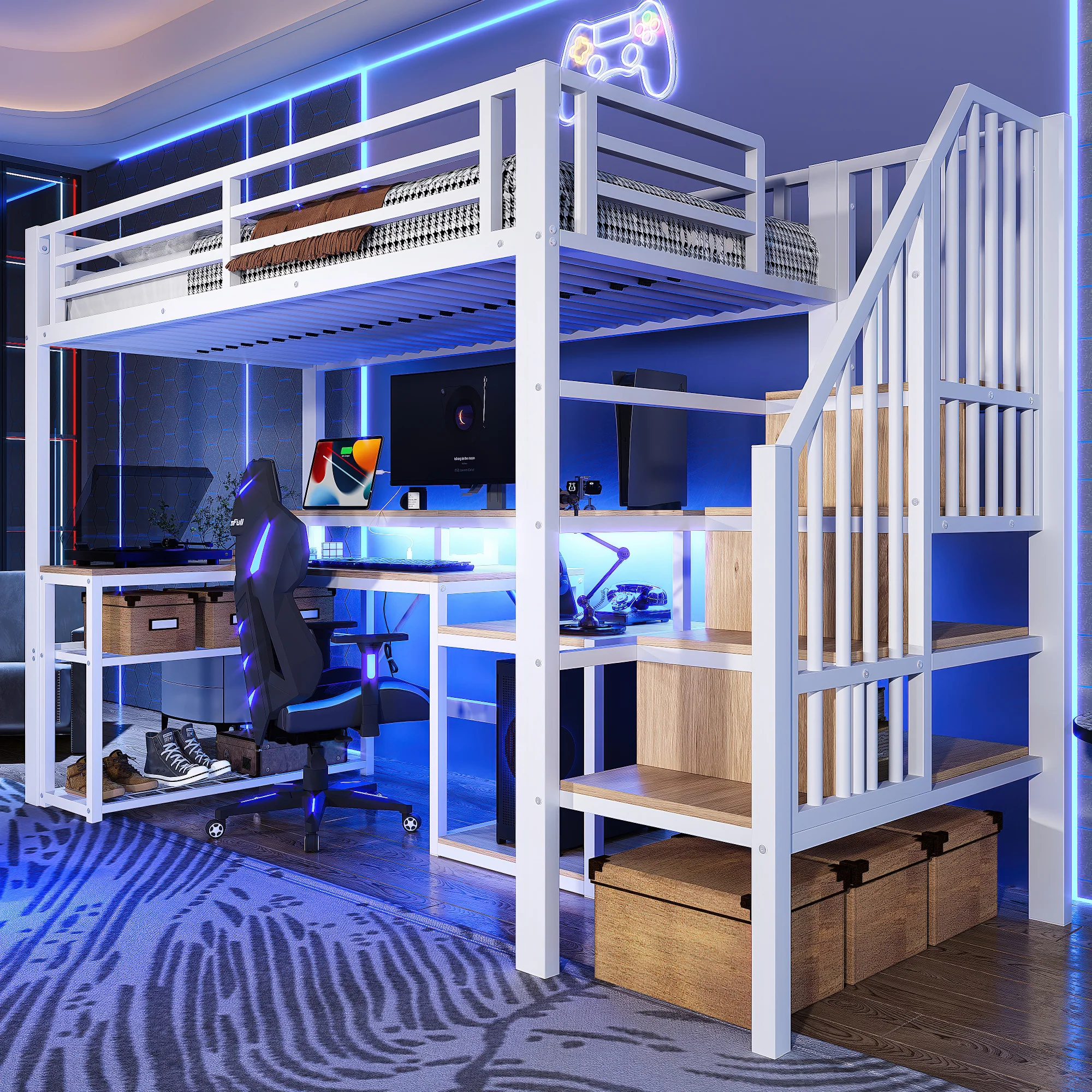 Loft Bed with Desk, LED Light Strip and Storage Staircase, 90 x 200 cm, White Iron Frame - Image 5