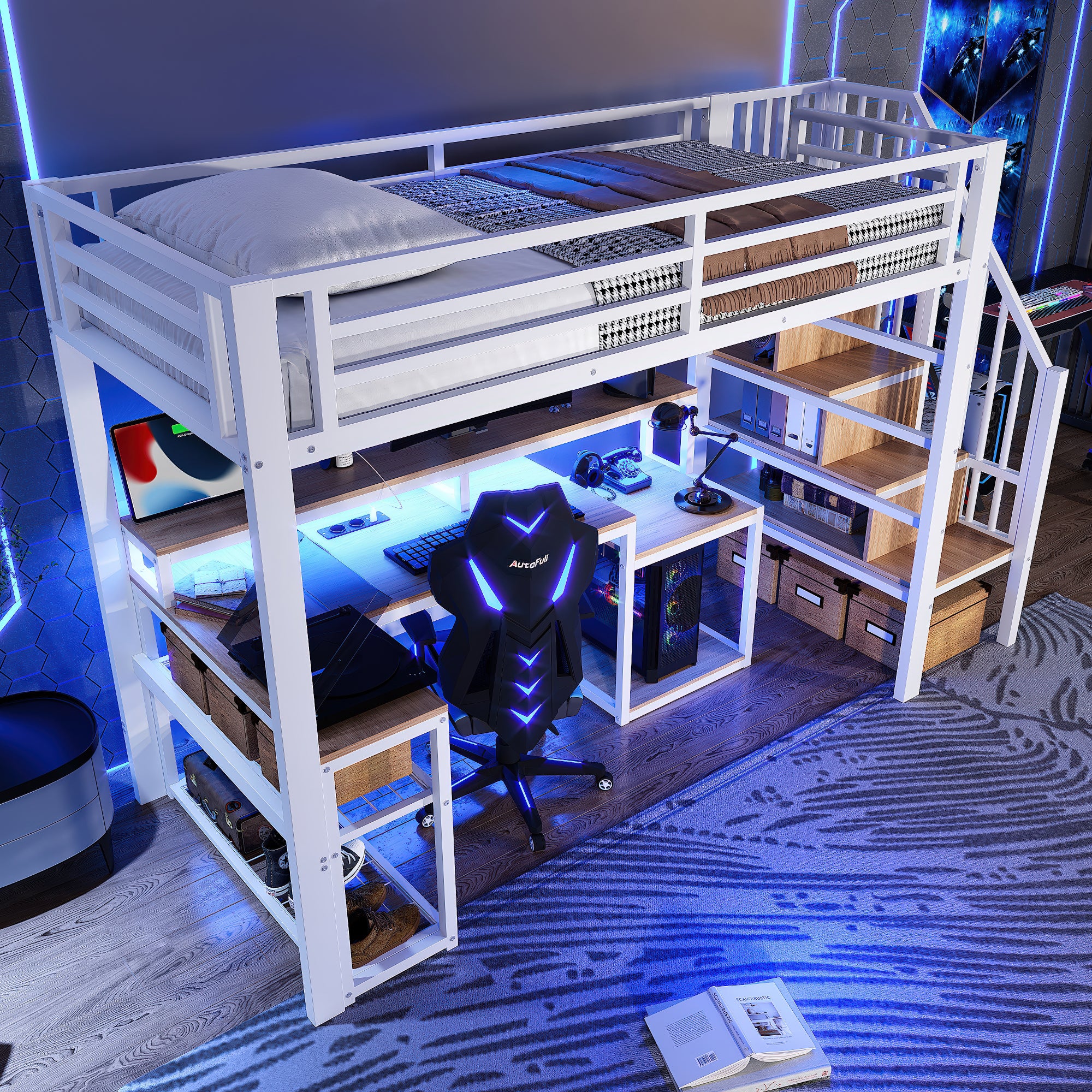 Loft Bed with Desk, LED Light Strip and Storage Staircase, 90 x 200 cm, White Iron Frame - Image 6