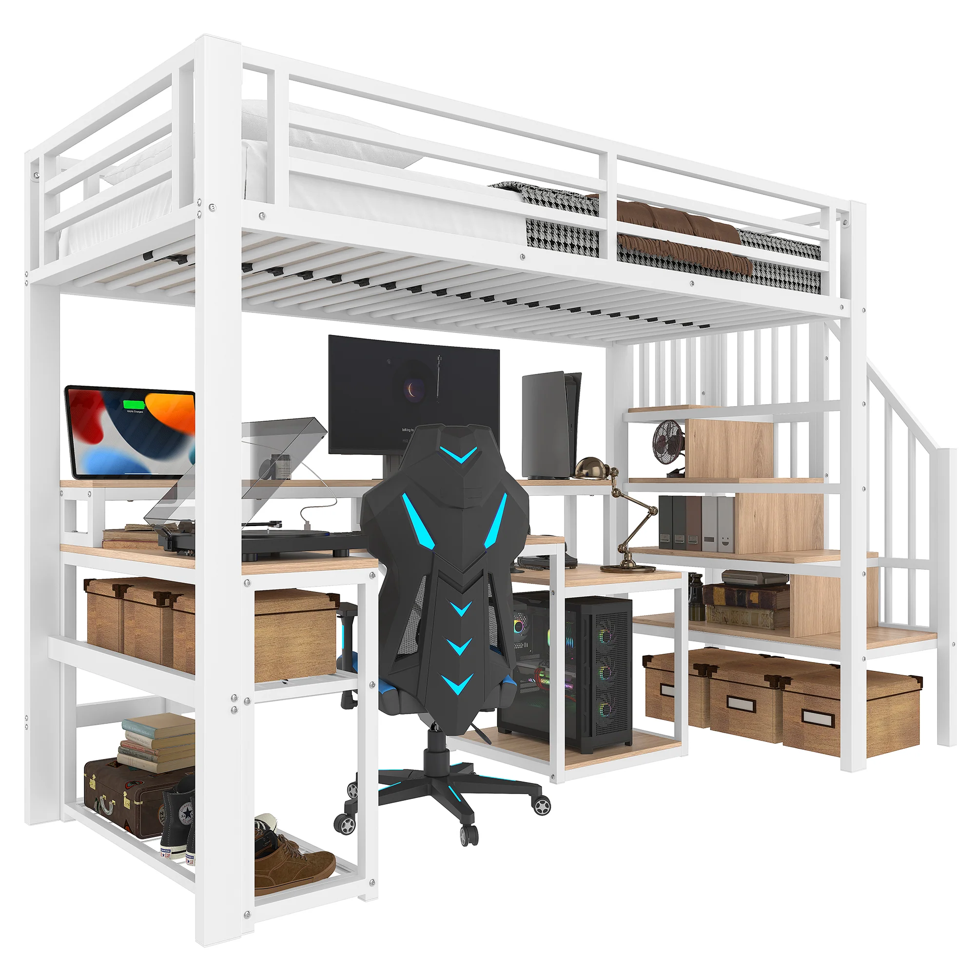 Loft Bed with Desk, LED Light Strip and Storage Staircase, 90 x 200 cm, White Iron Frame - Image 7