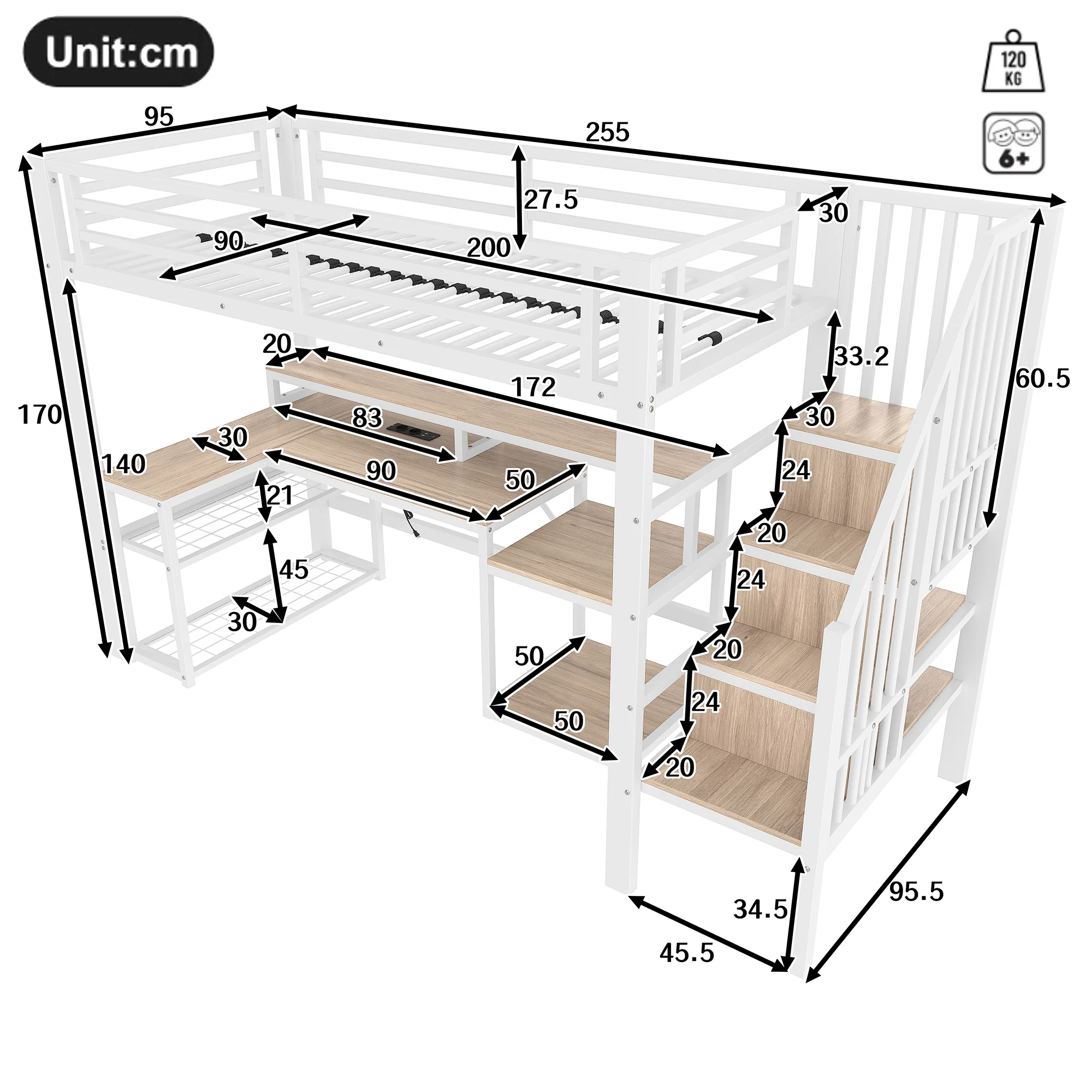 Loft Bed with Desk, LED Light Strip and Storage Staircase, 90 x 200 cm, White Iron Frame - Image 8